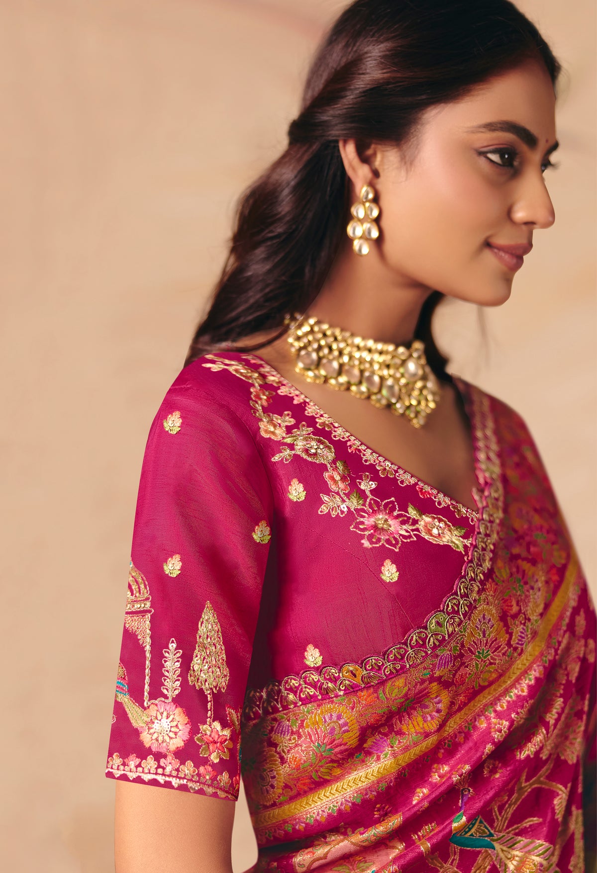 Rani Pink Saree With Heavy Embroidery, Sequin, Thread, and Stone Work On Patli & Cutwork Lace With Heavy Work Blouse