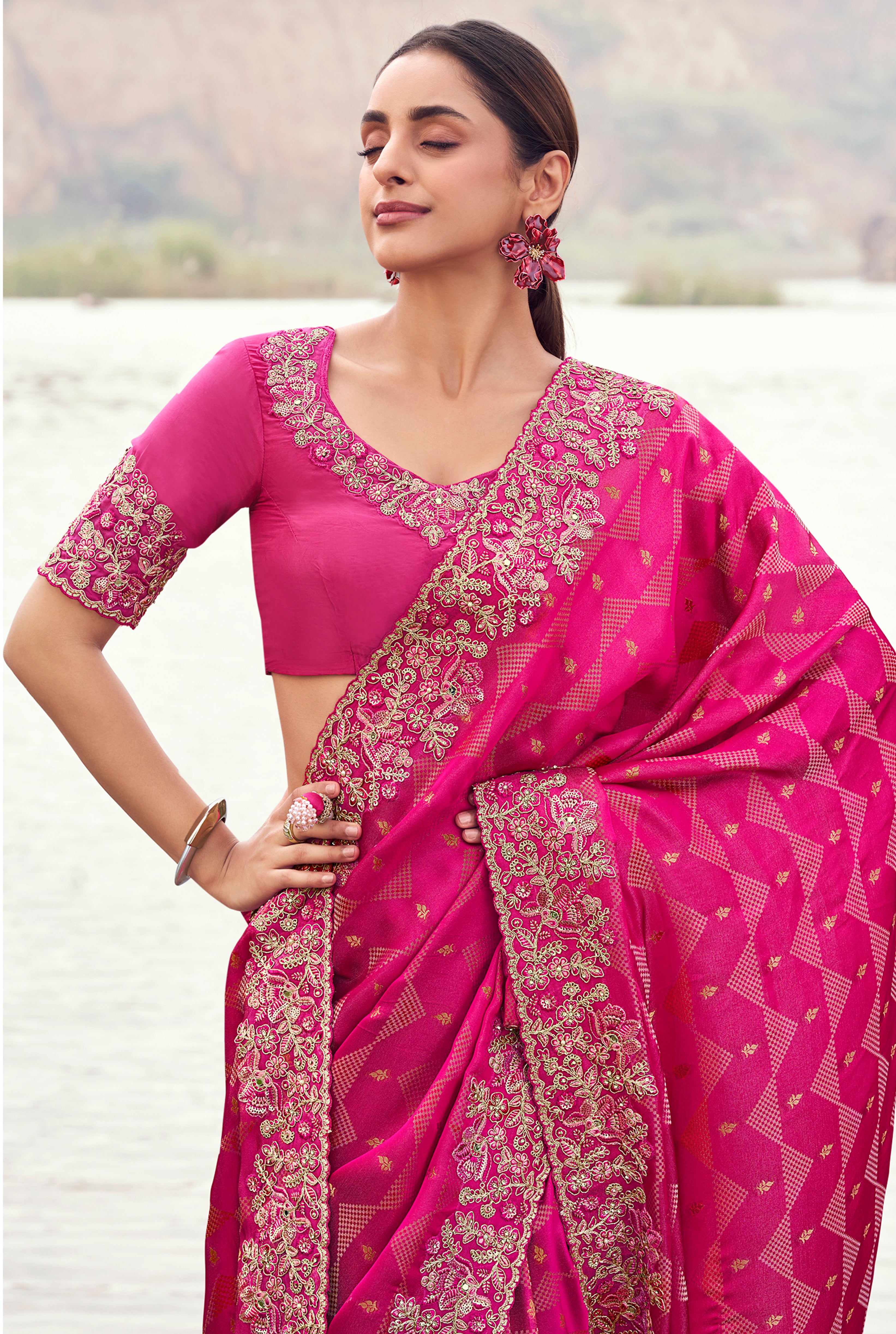 Rani Pink Saree With Jacquard Woven With Embroidered Border & Blouse