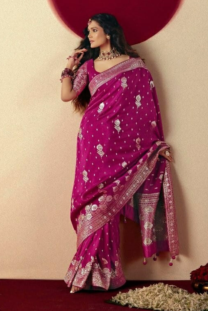 Rani Pink Saree With Jacquard Woven Work
