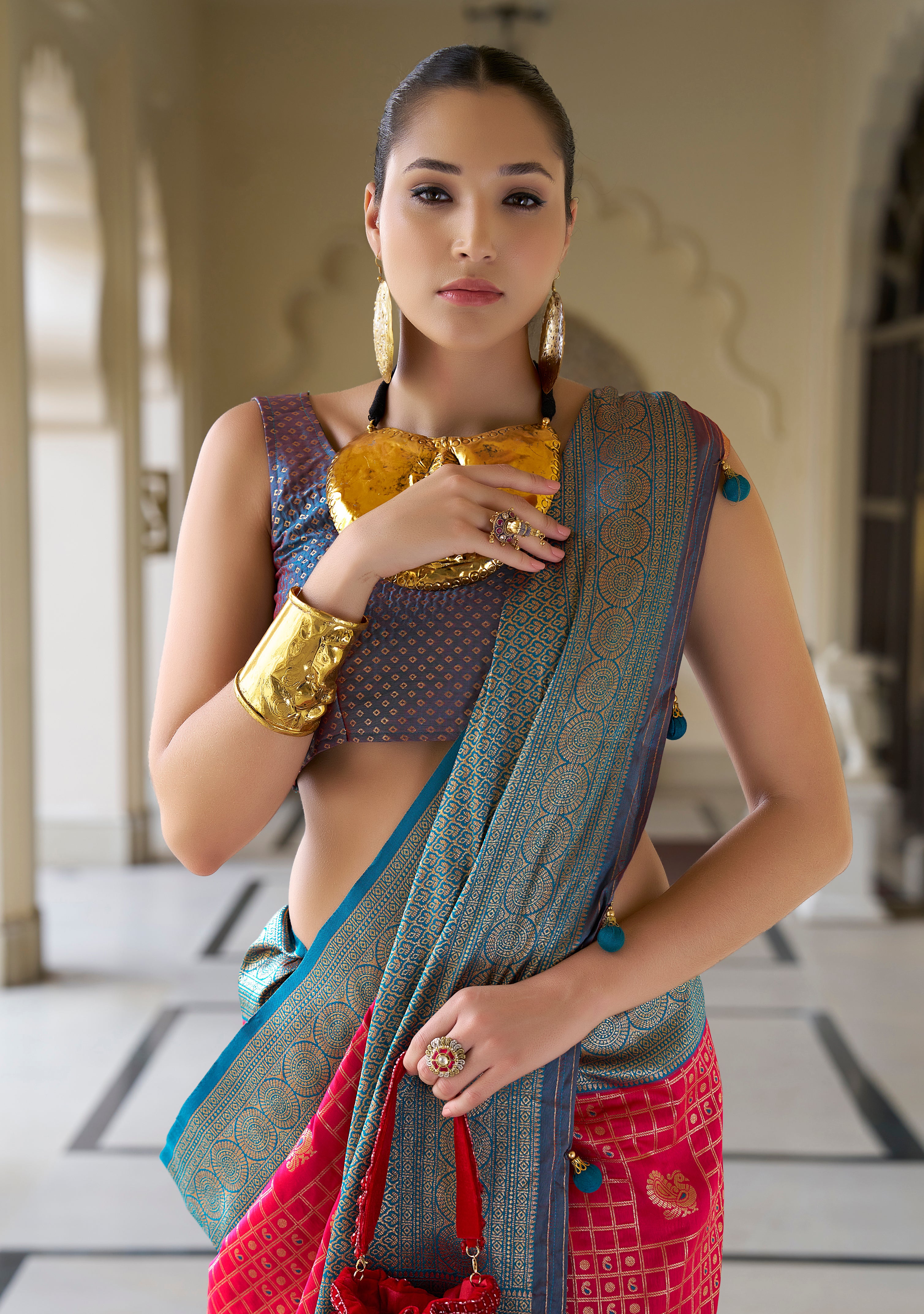 Rani Pink Saree With Jacquard Woven Work