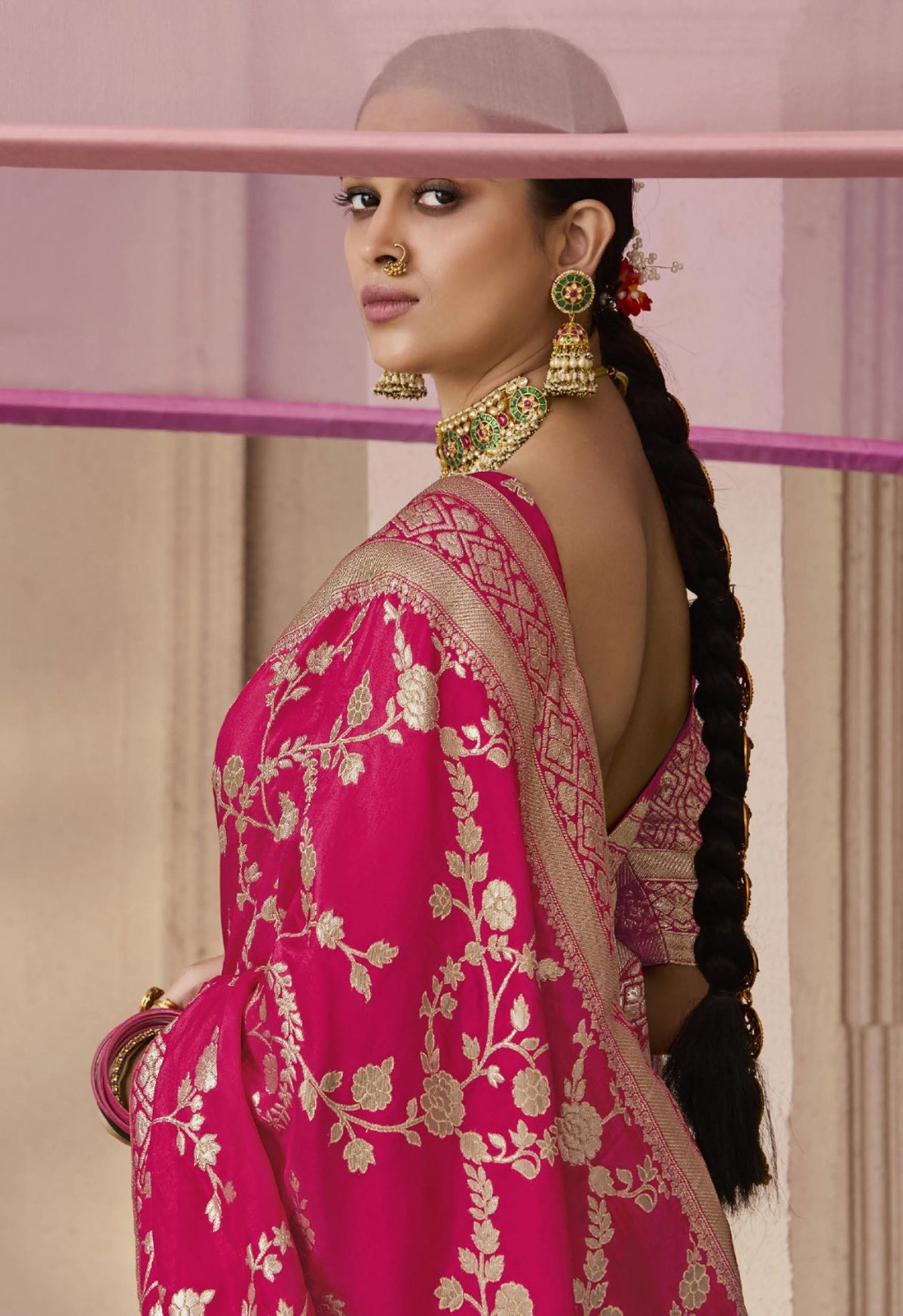 Rani Pink Saree With Jacquard Woven Work