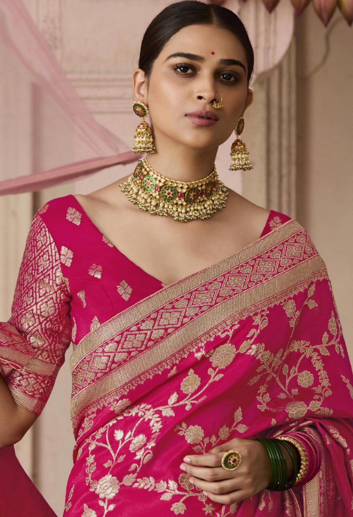 Rani Pink Saree With Jacquard Woven Work