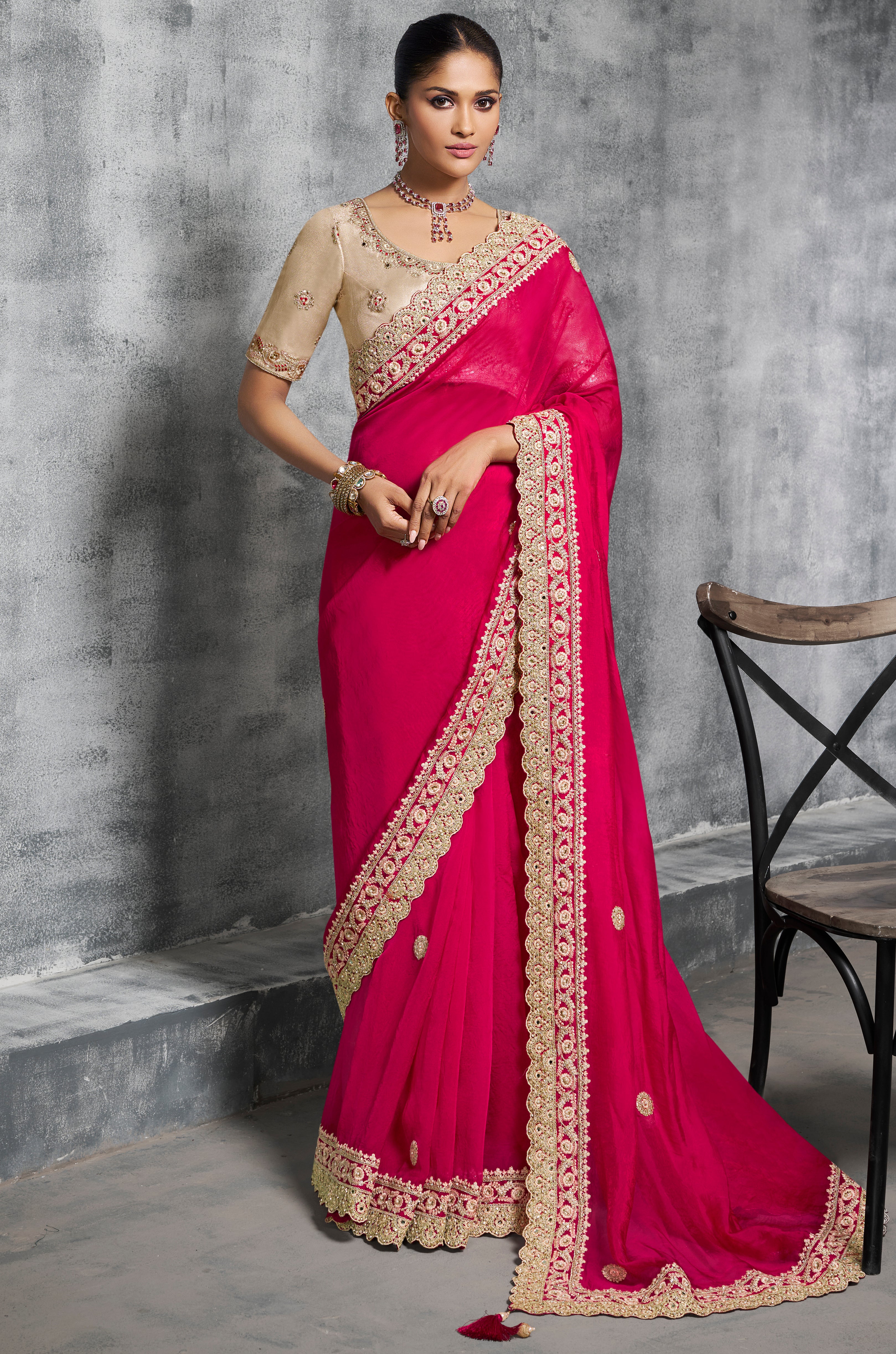 Rani Pink Saree With Thread Embroidery Work ,Hand-Finished Stone & Mirror work With Embroidery Blouse