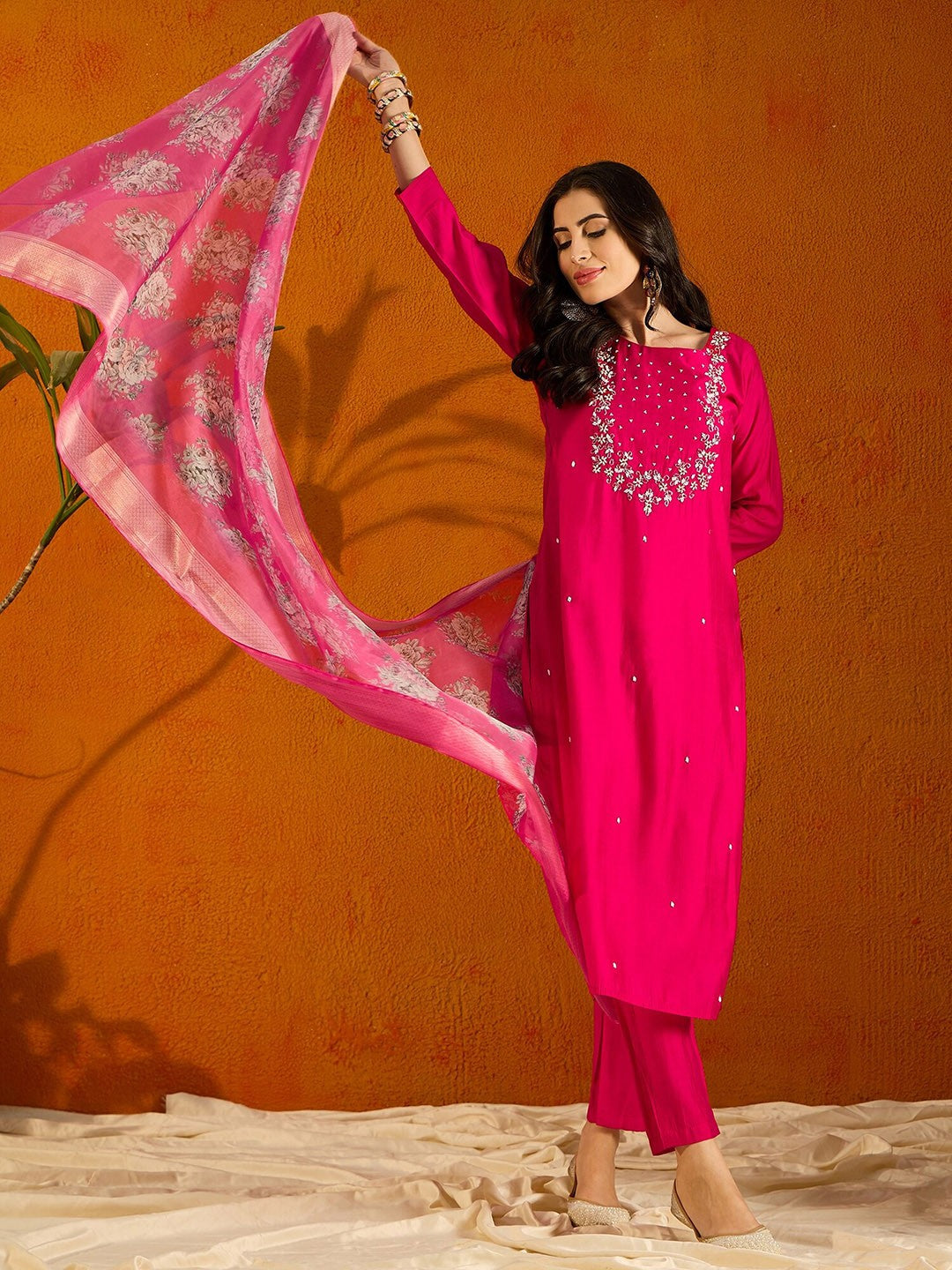 Rani Pink Silk Blend Kurta Pant with Heavy Thread Embroidery Work With Printed Dupatta