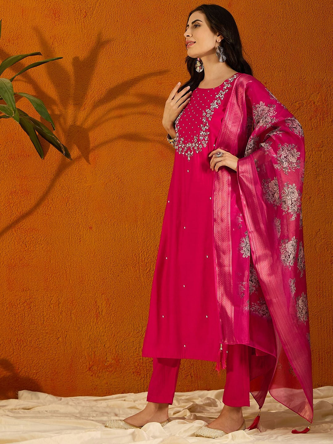 Rani Pink Silk Blend Kurta Pant with Heavy Thread Embroidery Work With Printed Dupatta