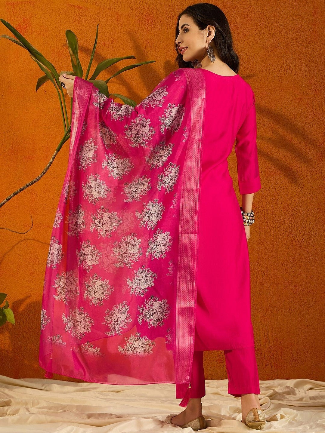 Rani Pink Silk Blend Kurta Pant with Heavy Thread Embroidery Work With Printed Dupatta