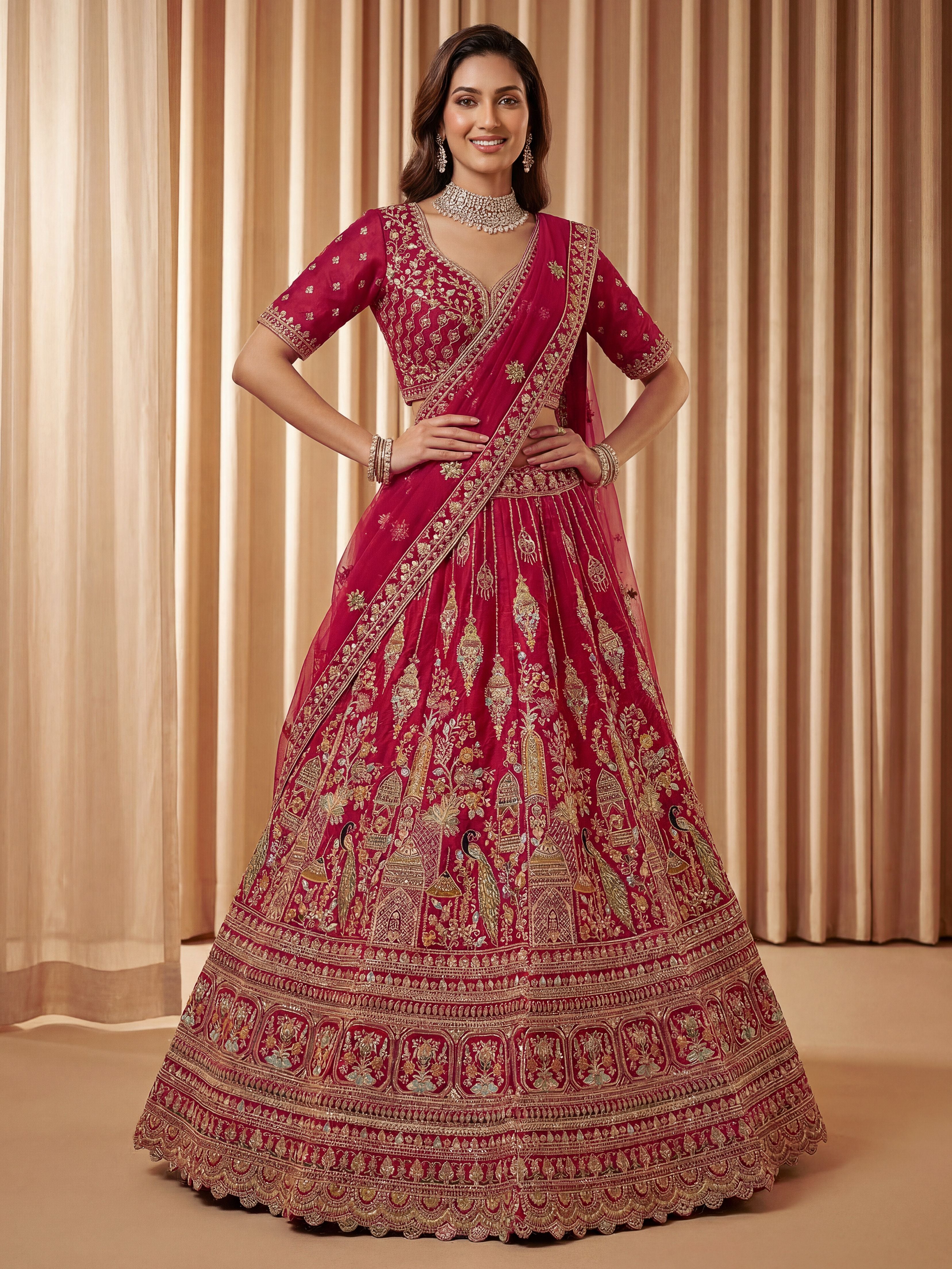 Rani Pink Silk Lehenga Choli With Fancy Embroidered, Dori Embroidered, Multi Thread work, Sequinned With Diamond studded