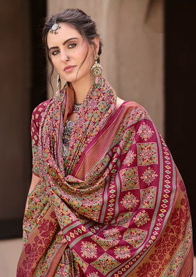 Rani Pink Silk Saree With Ajrakh Print