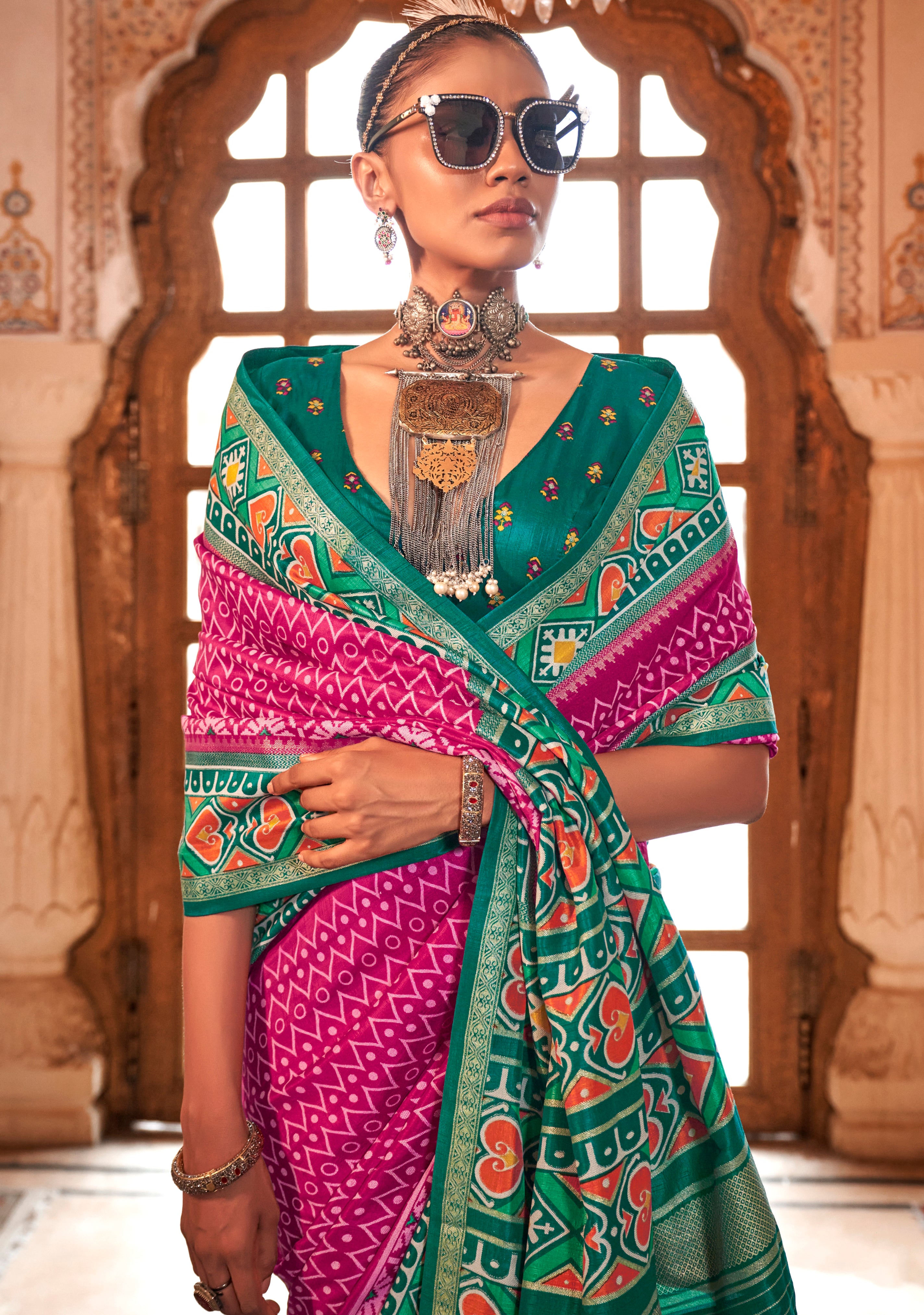 Rani Pink Silk Saree With Digital Patola Print