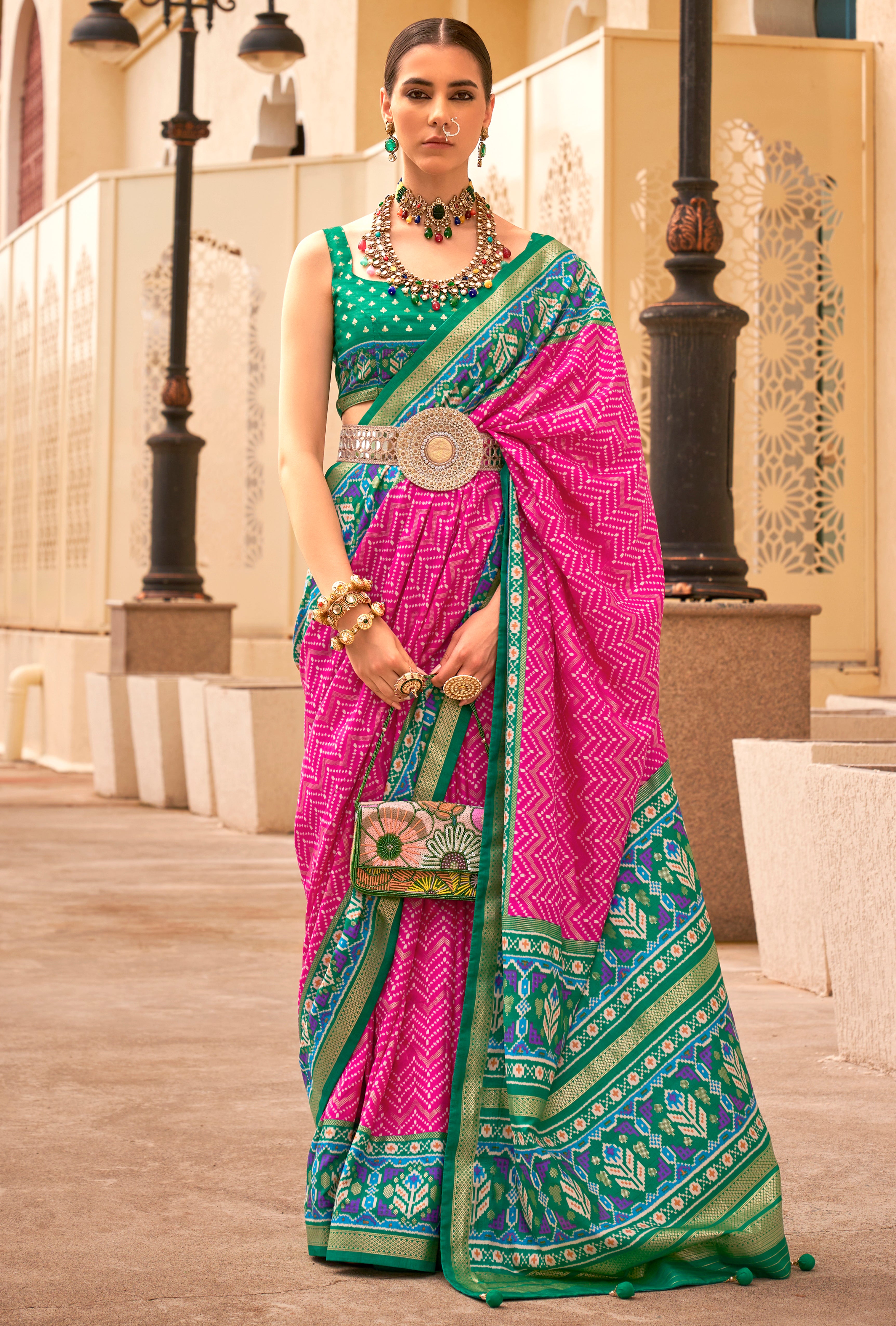 Rani Pink Silk Saree With Digital Patola Print