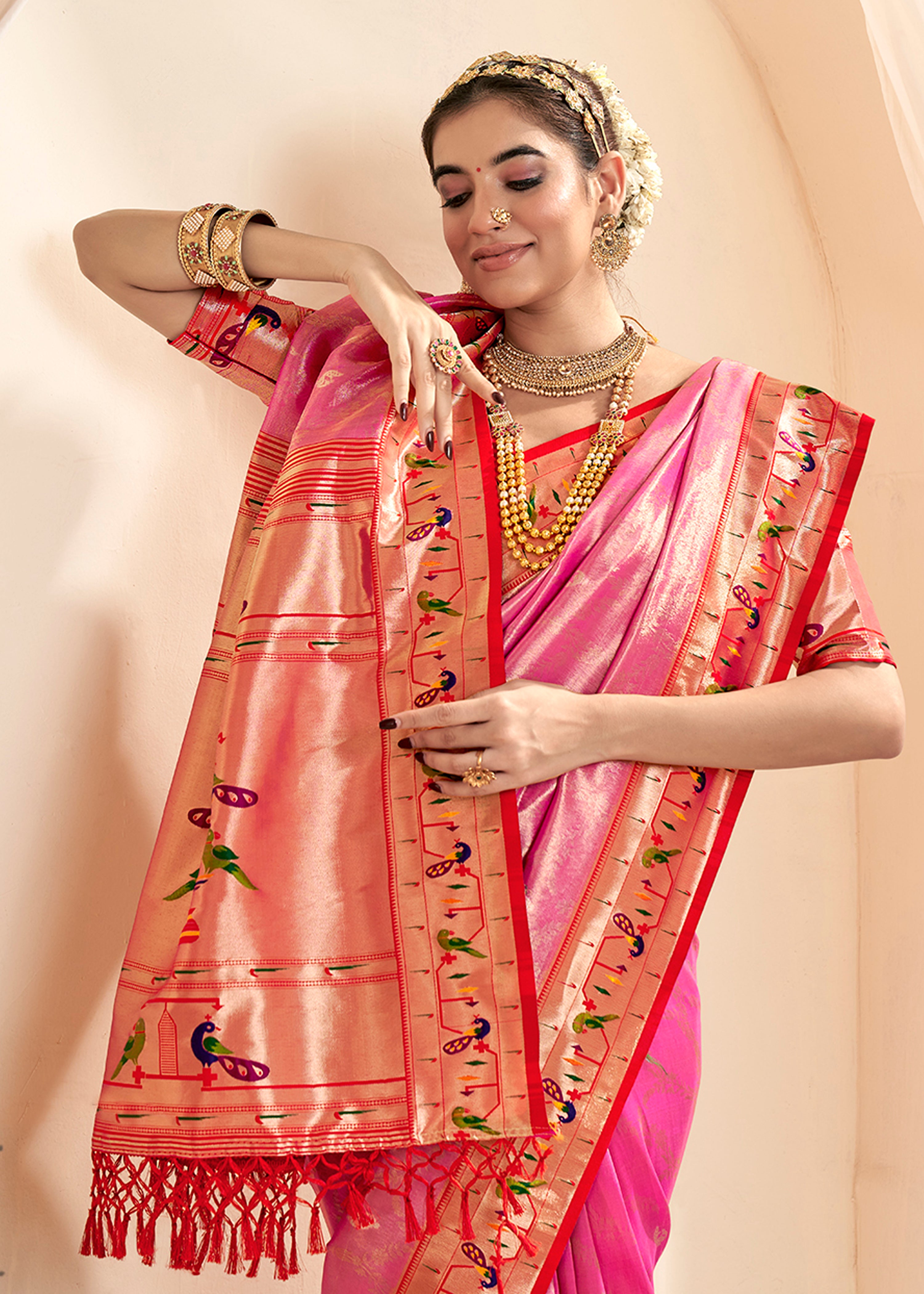 Rani Pink Silk Saree With Jacquard Woven Work