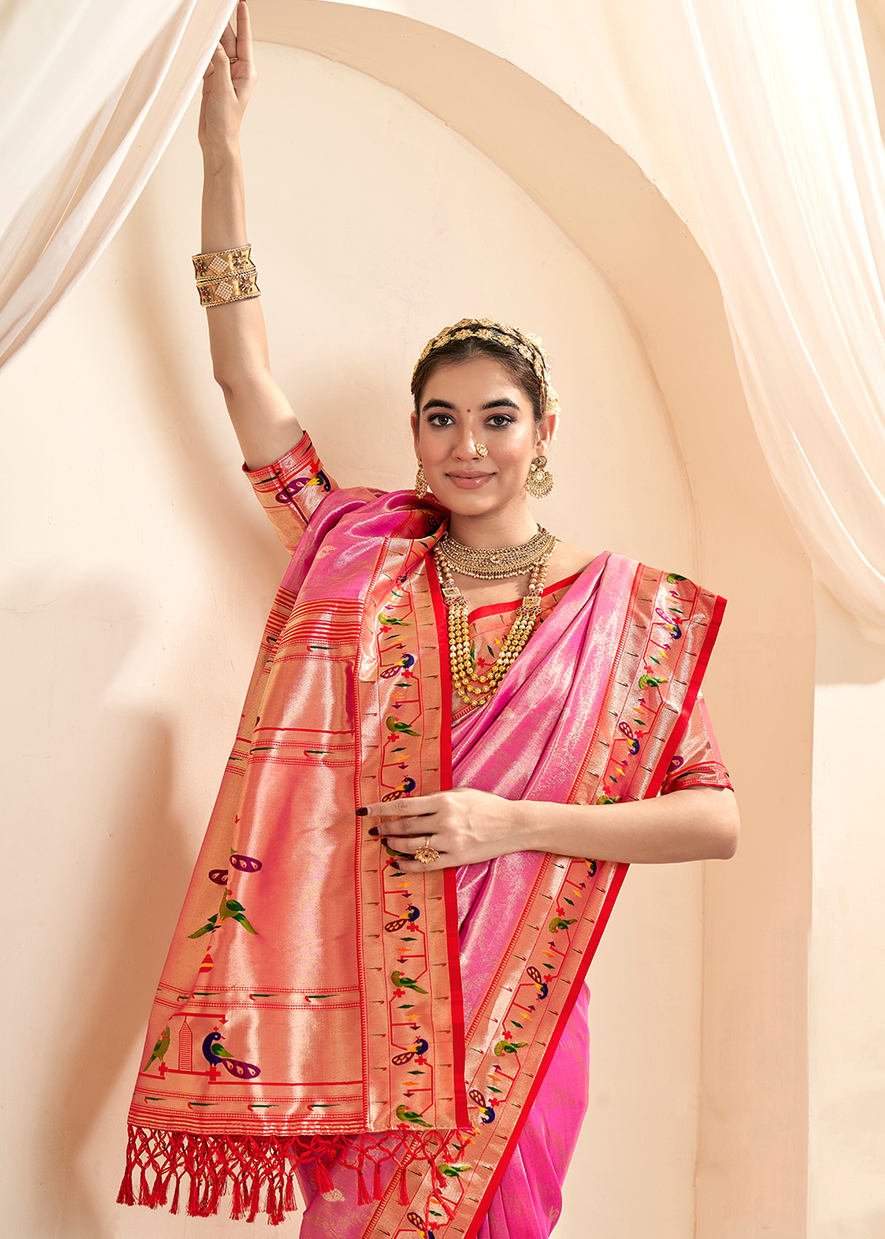 Rani Pink Silk Saree With Jacquard Woven Work