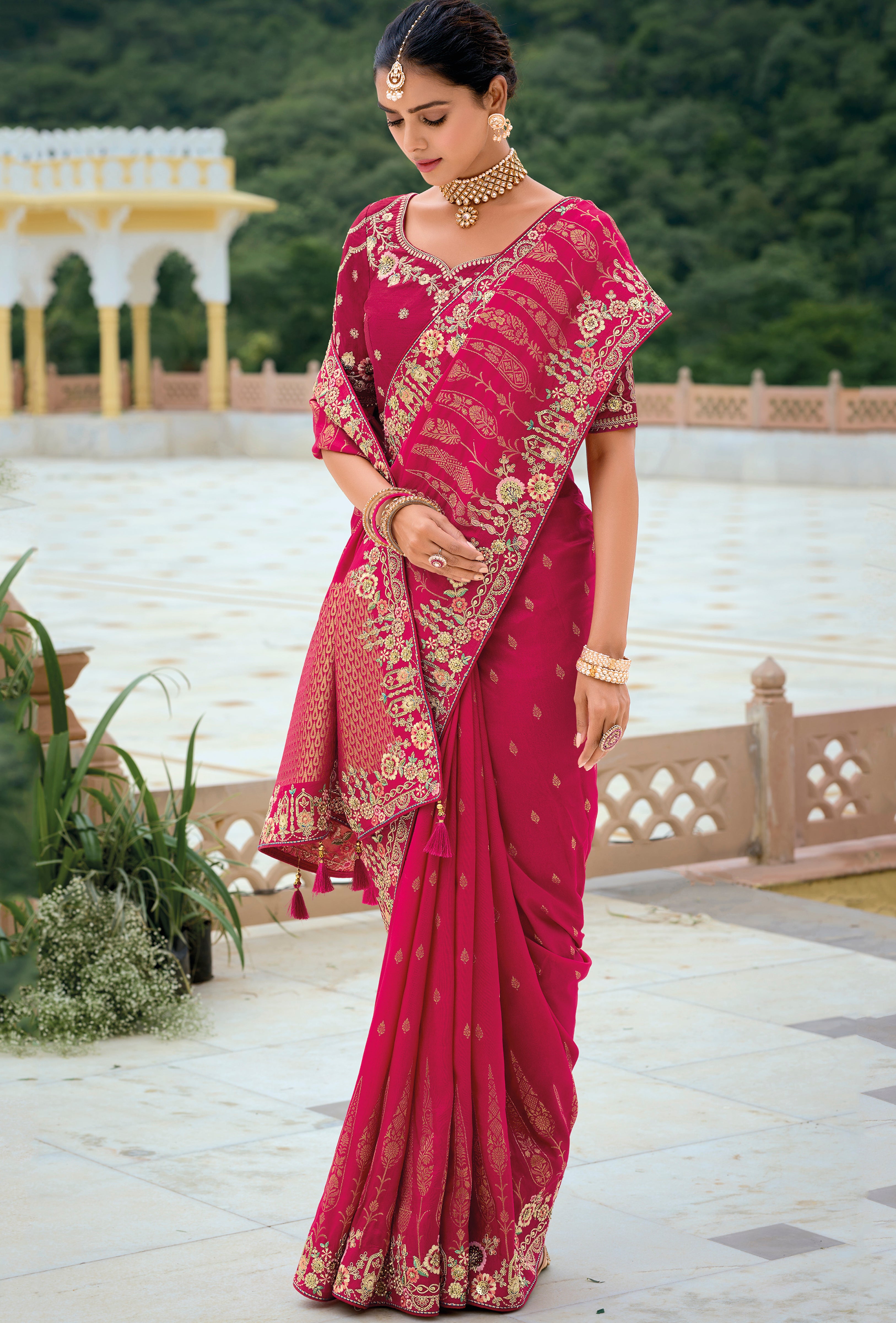 Rani Pink Silk Saree With Jacquard Woven and Embroidery Work