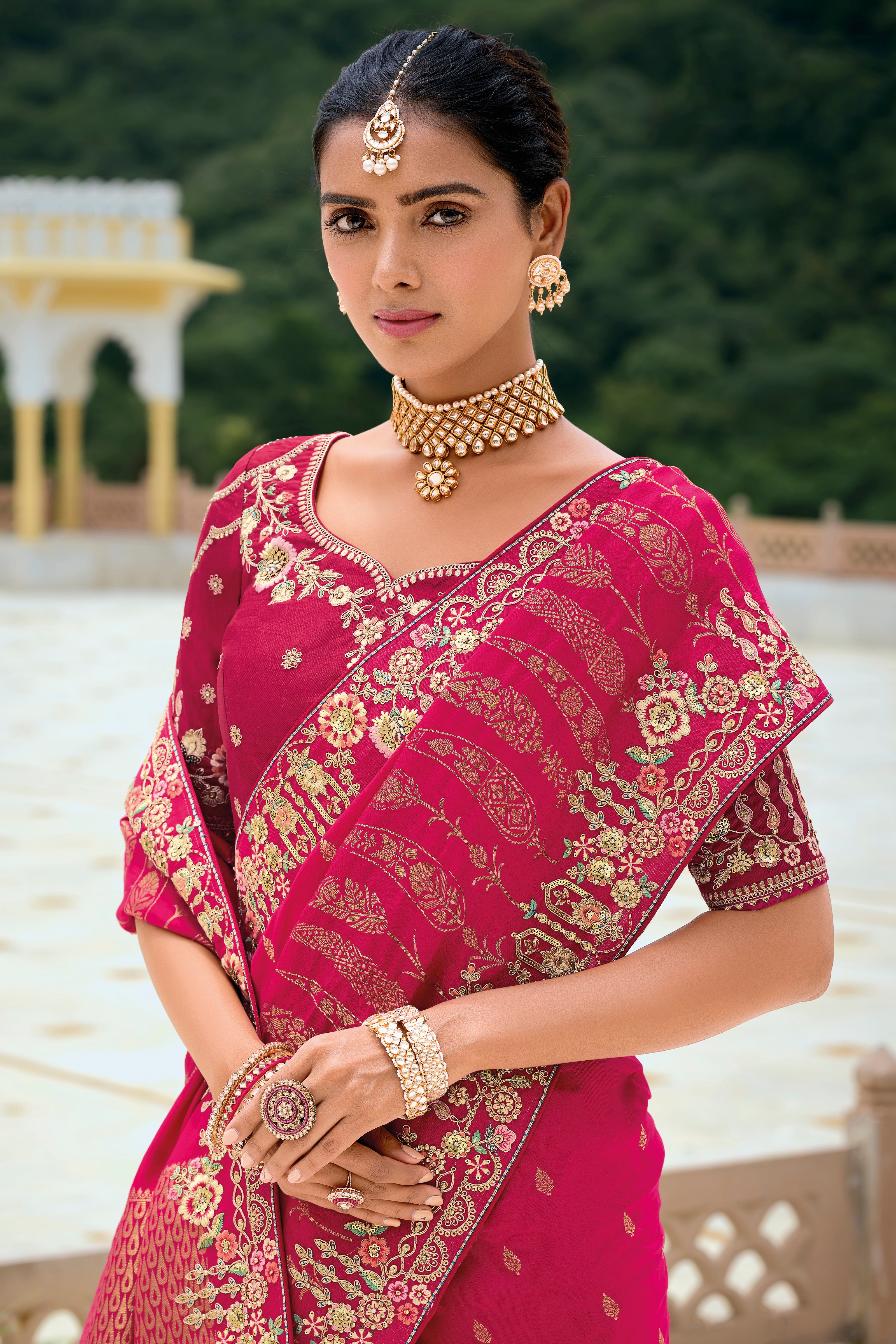 Rani Pink Silk Saree With Jacquard Woven and Embroidery Work