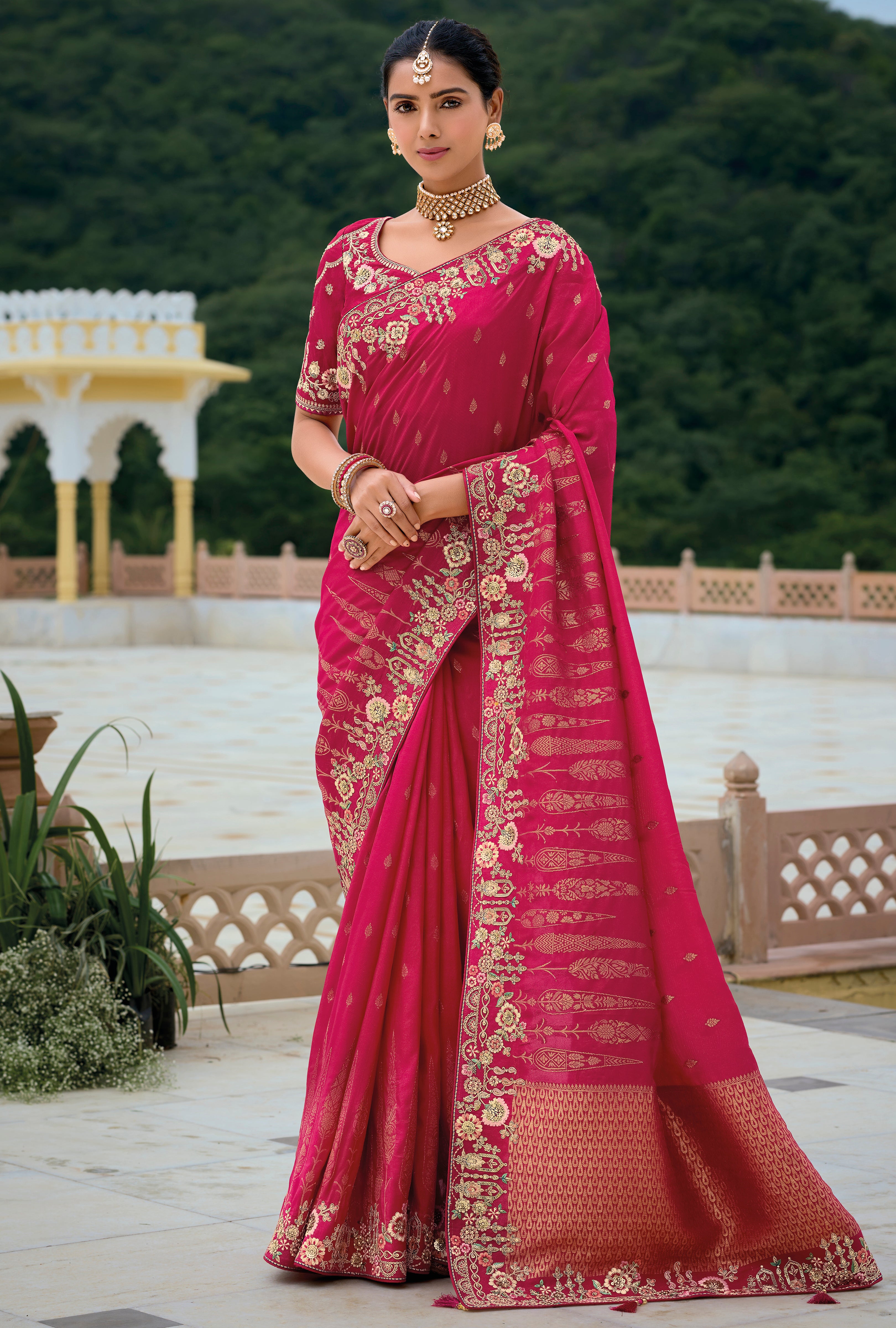Rani Pink Silk Saree With Jacquard Woven and Embroidery Work