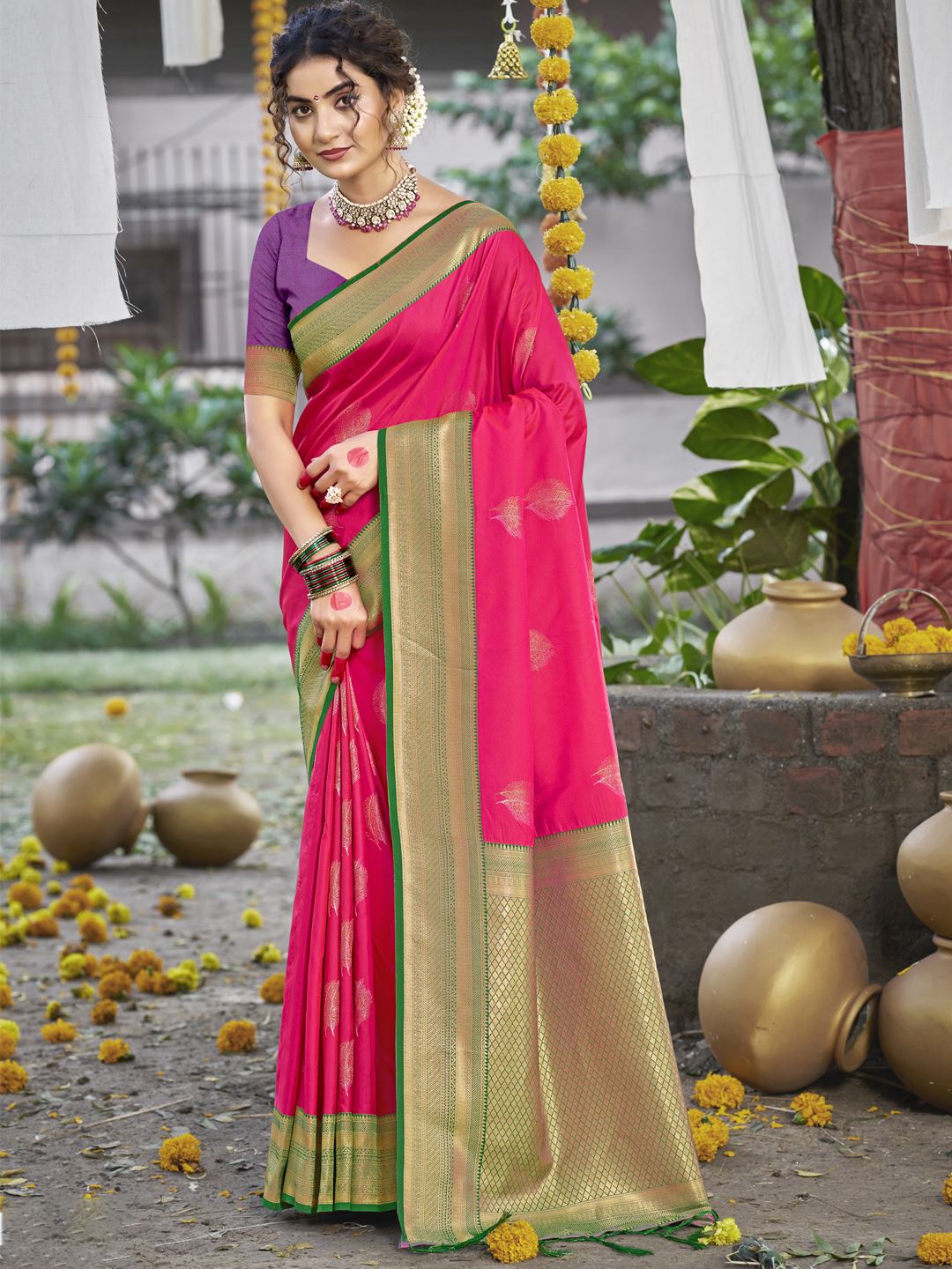 Rani Pink Silk Saree With Woven Work