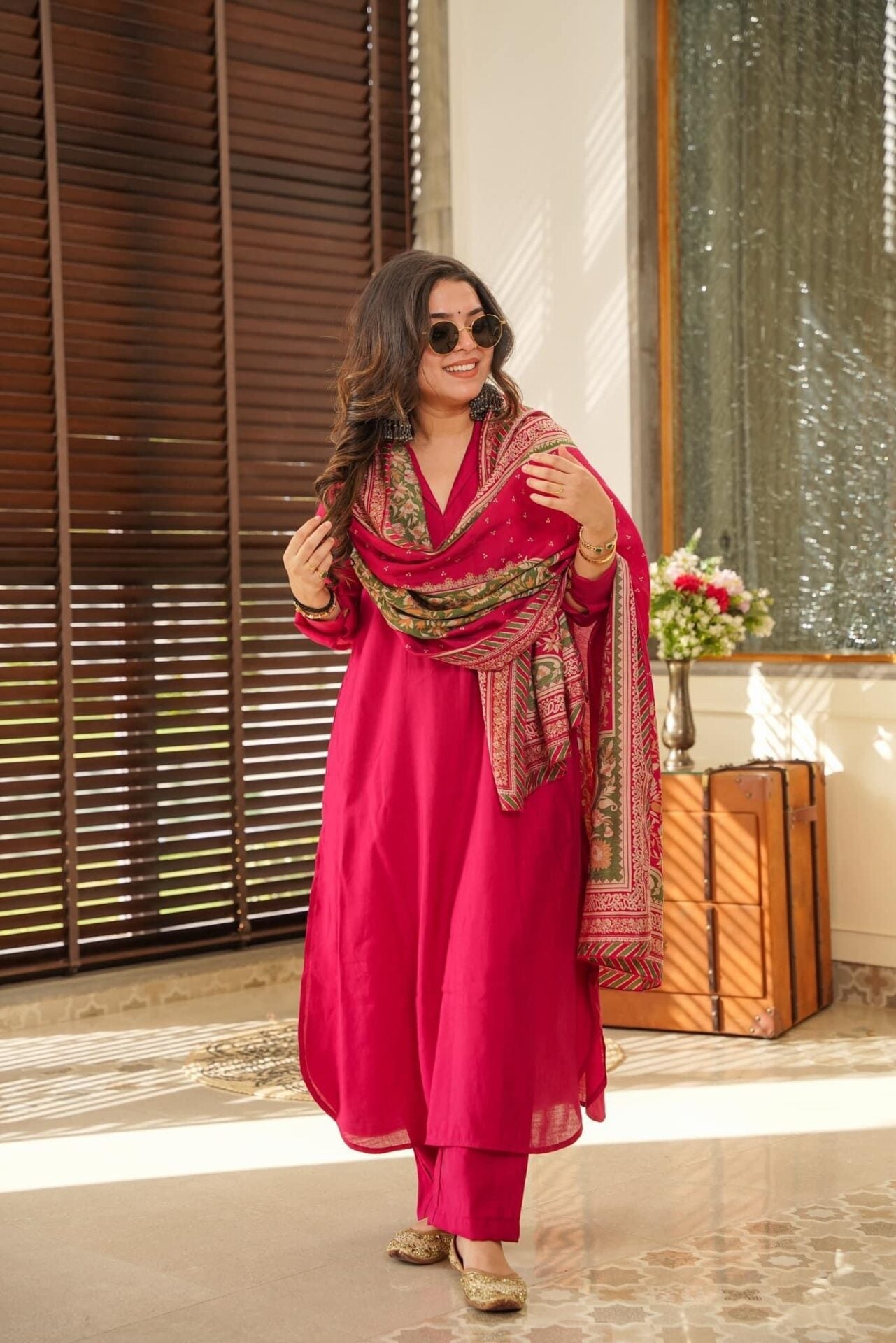 Rani Pink South Cotton Plain Kurta Pant With Printed Dupatta