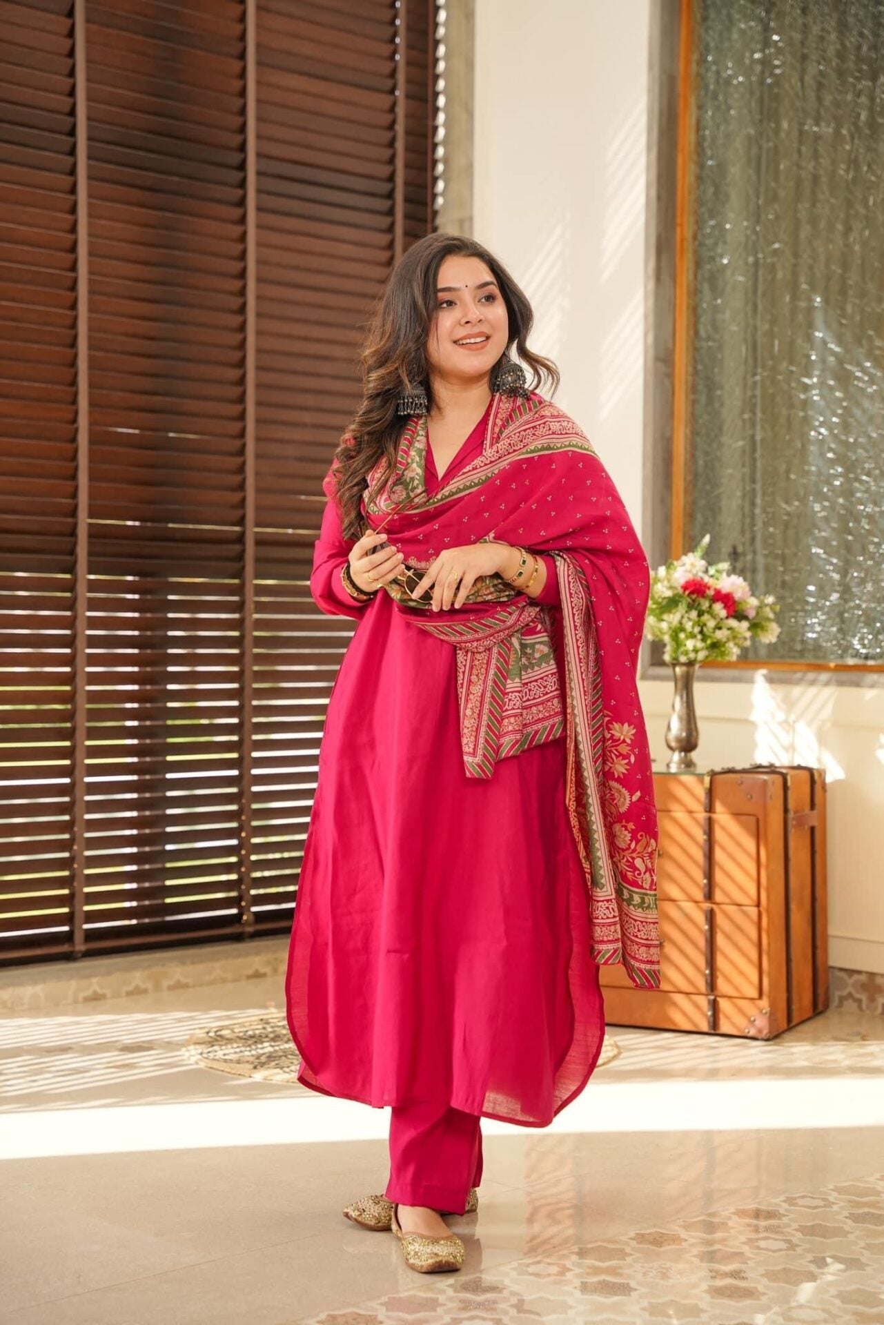 Rani Pink South Cotton Plain Kurta Pant With Printed Dupatta
