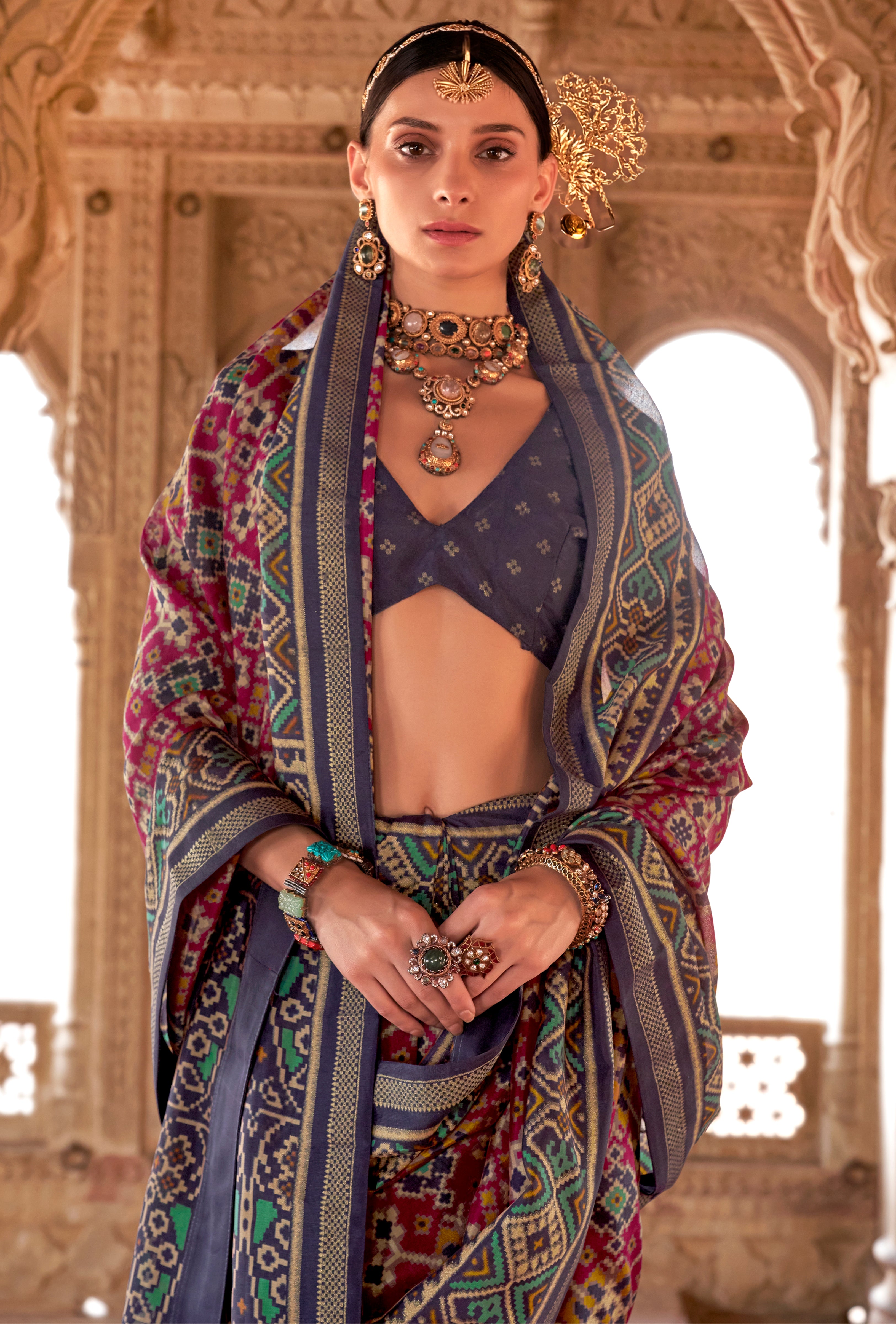 Rani Pink Super Georgette Saree With Patola Print