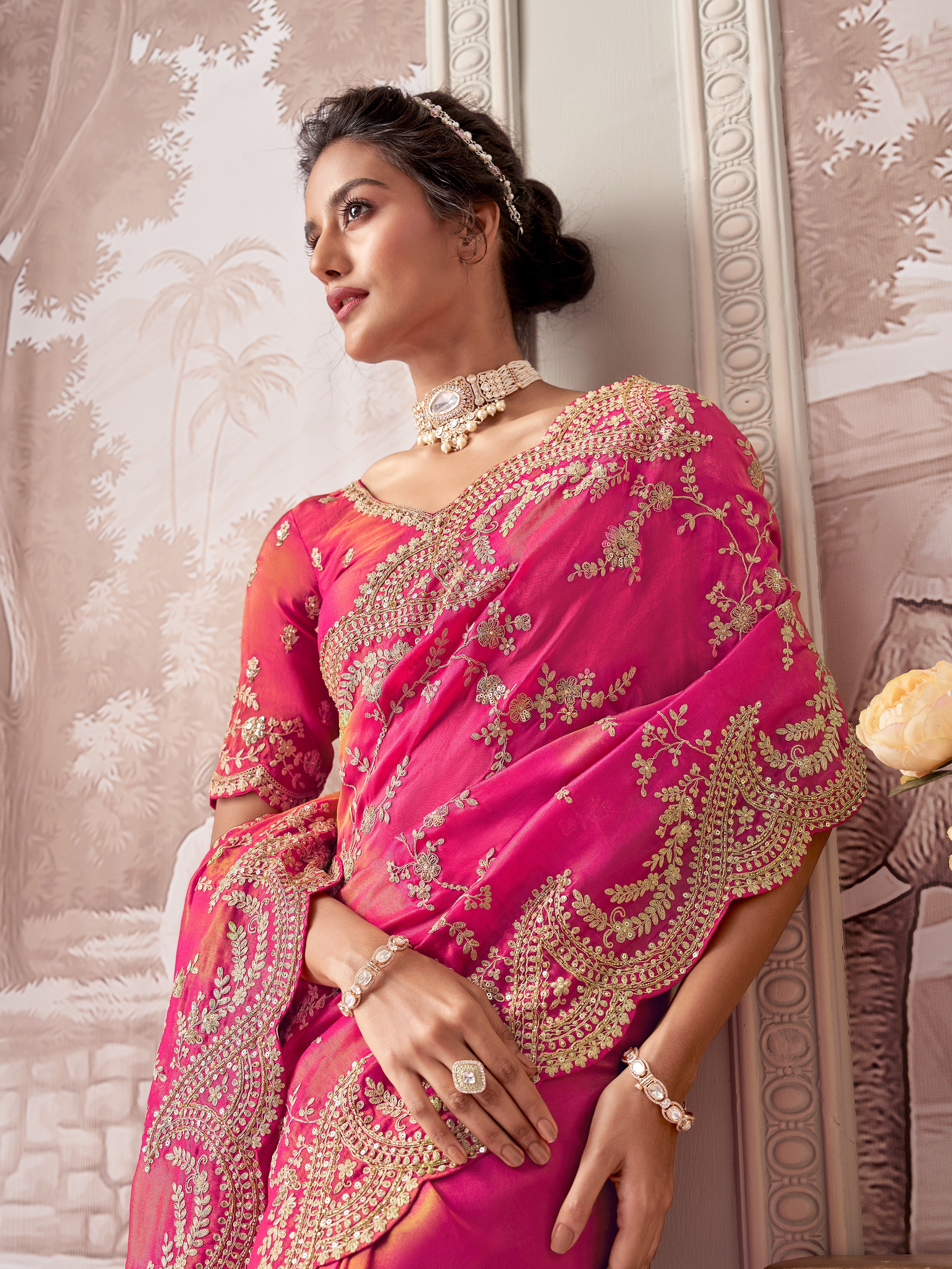 Rani Pink Tissue Saree with Embroidery Zari & Sequins Work