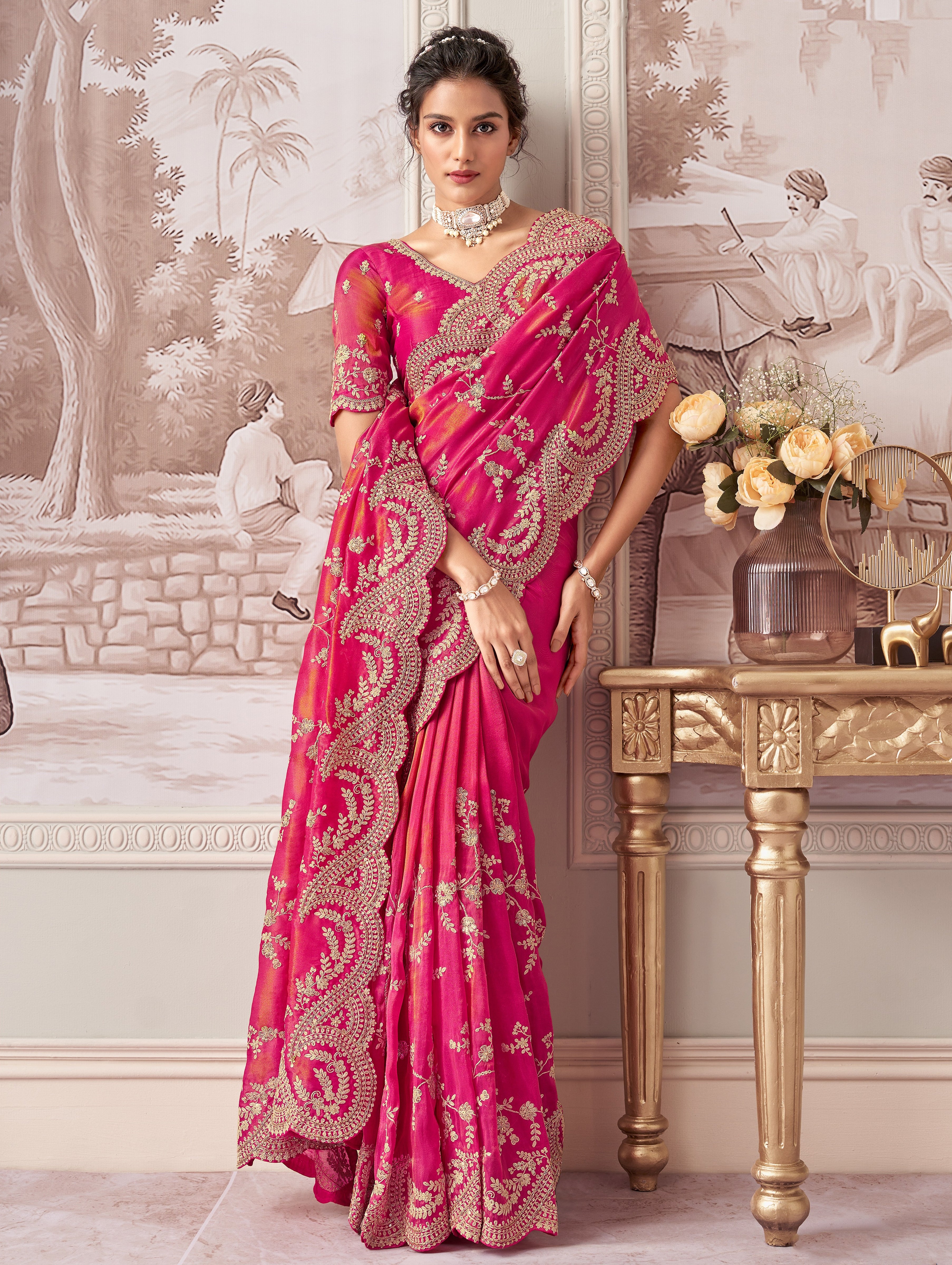 Rani Pink Tissue Saree with Embroidery Zari & Sequins Work