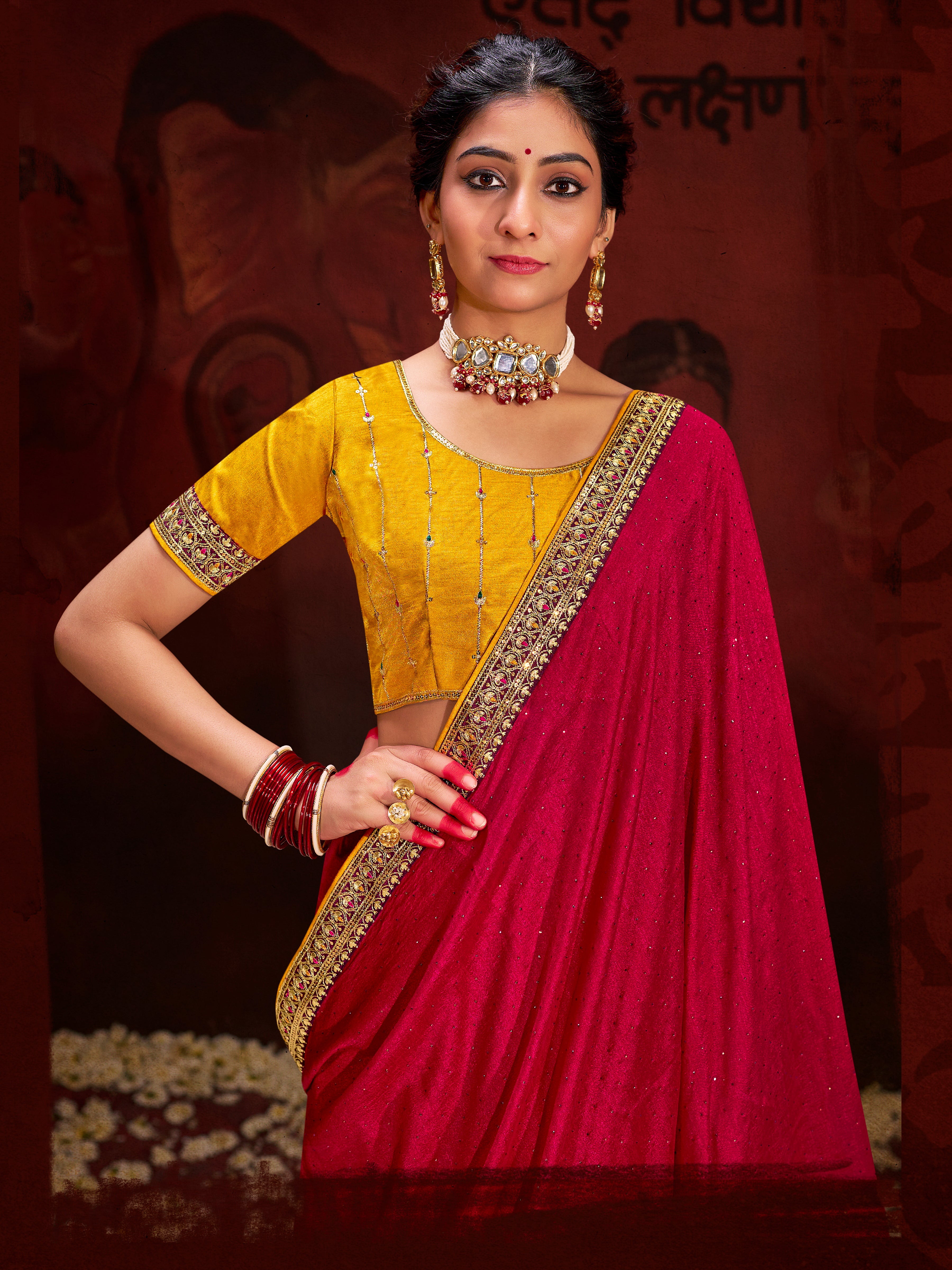 Rani Pink Vichitra Silk Saree With Heavy Diamond Work and Embroidery Lace Border