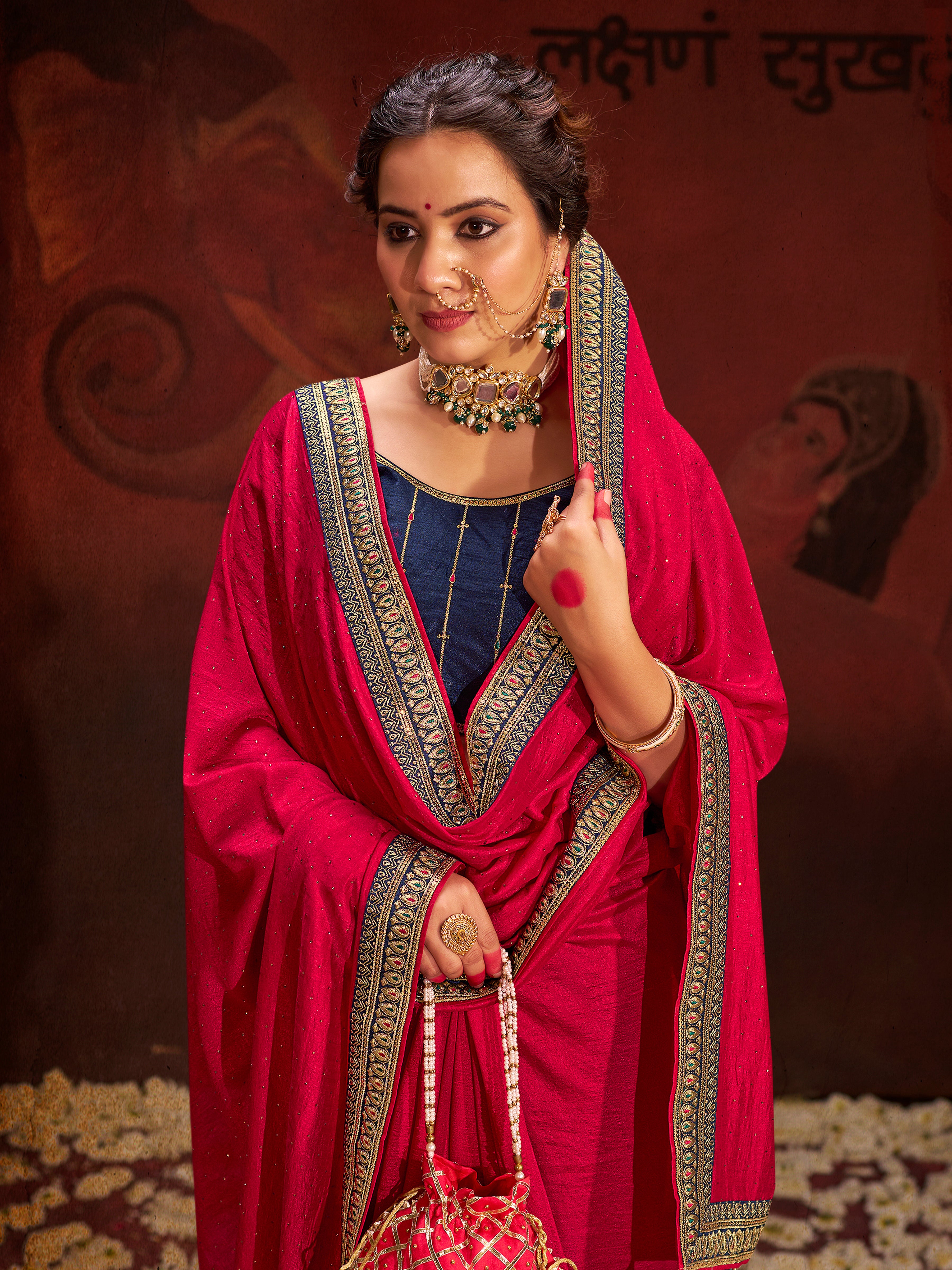 Rani Pink Vichitra Silk Saree With Heavy Diamond Work and Embroidery Lace Border