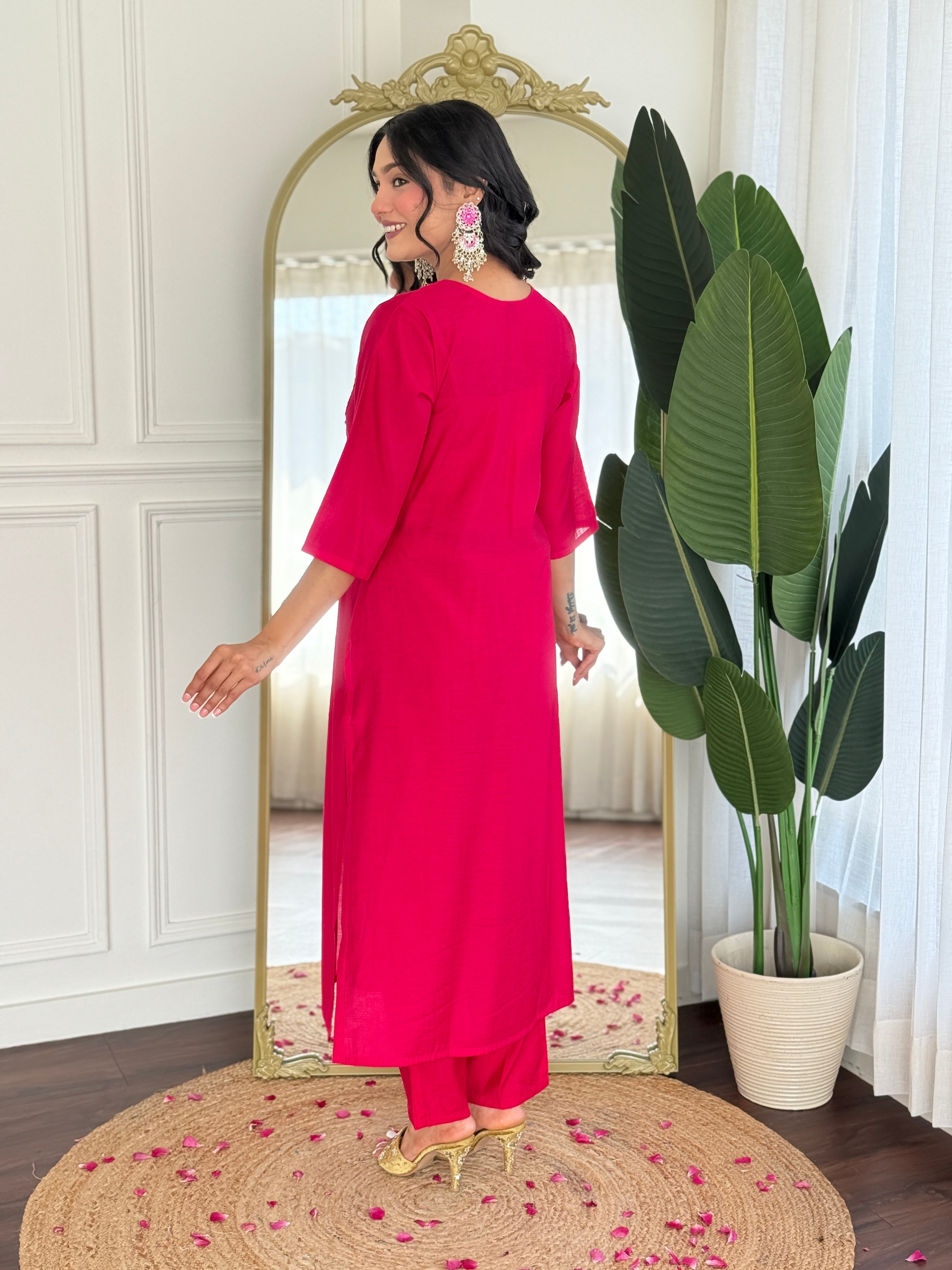 Rani Pink Viscose Blend Kurta Pant Set With Heavy Thread Embroidery Work With Printed Dupatta