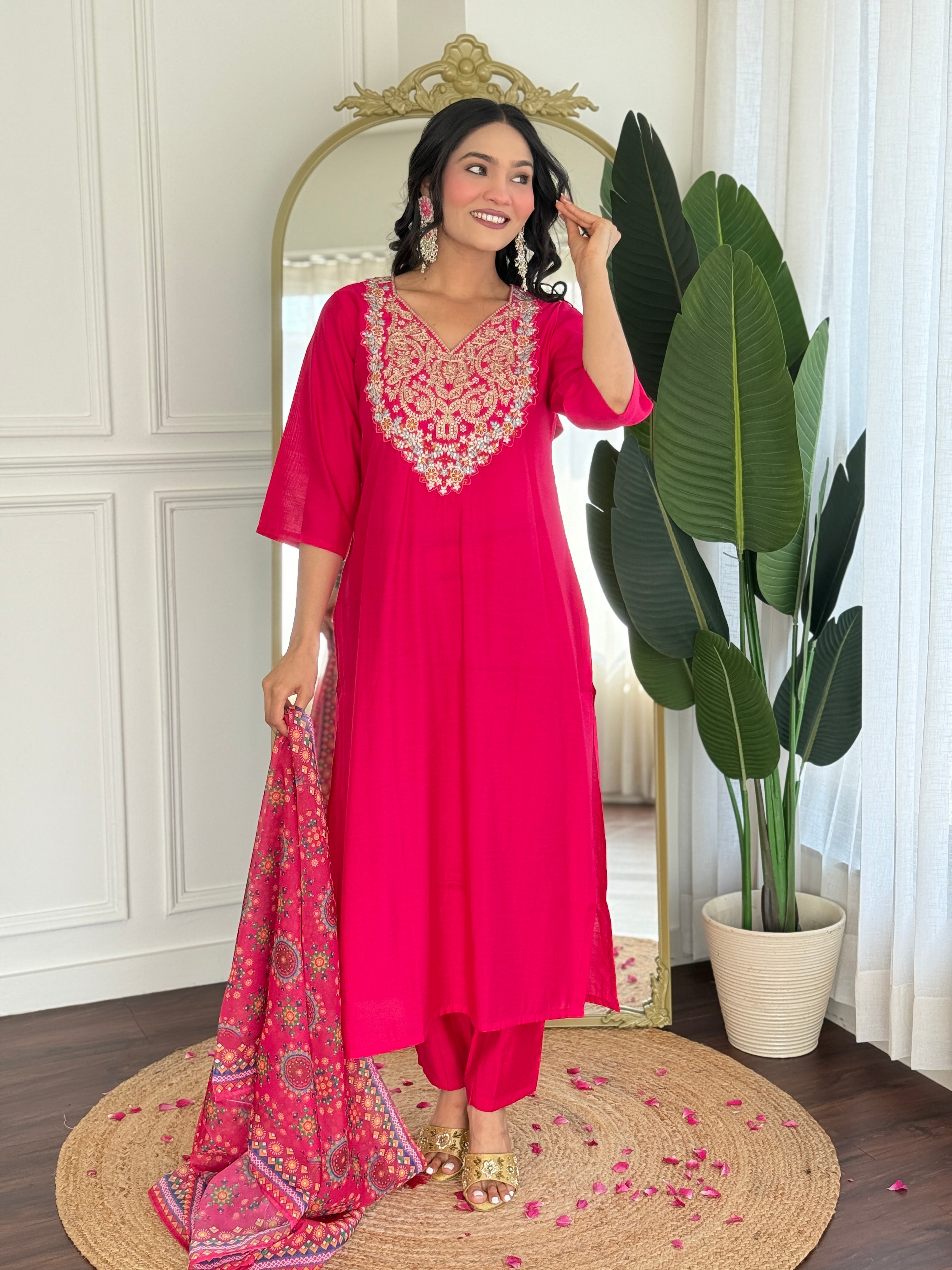 Rani Pink Viscose Blend Kurta Pant Set With Heavy Thread Embroidery Work With Printed Dupatta