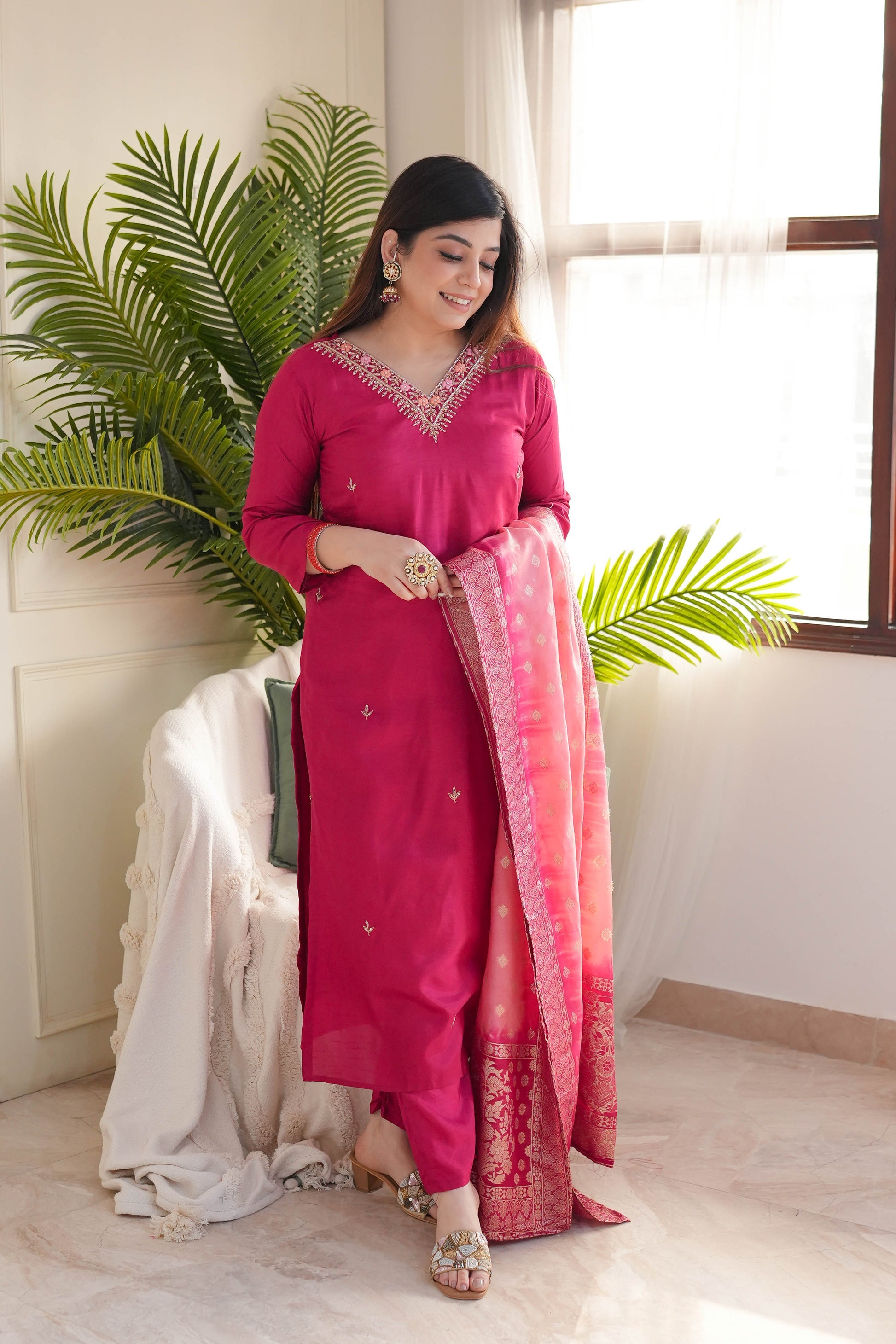 Rani Pink Viscose Chanderi Kurta Pant Set With Heavy Thread Embroidery Work With Jacquard Dupatta