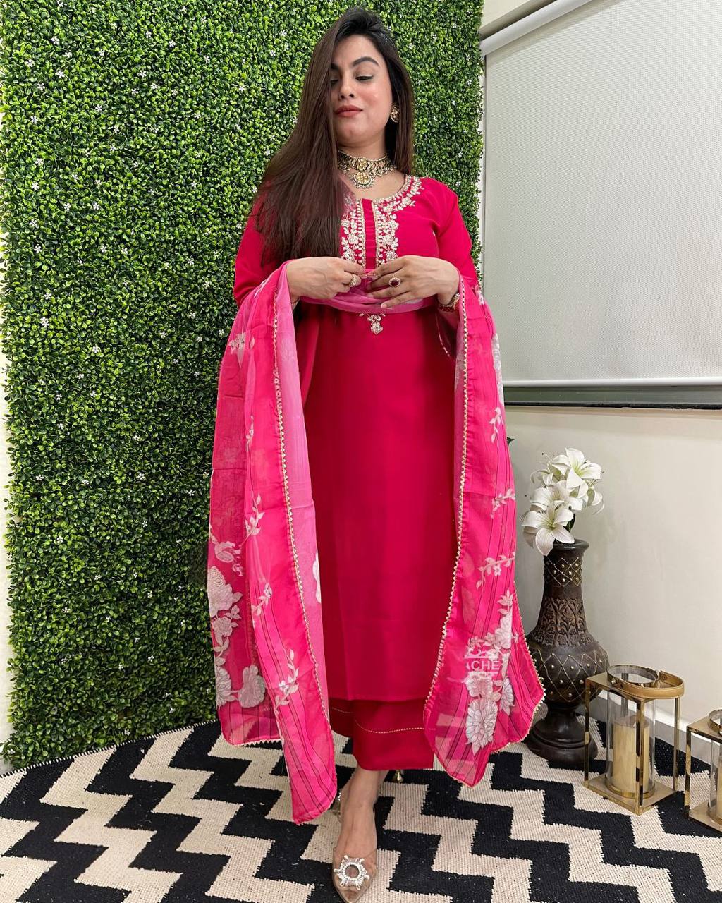 Rani Pink Viscose Chanderi Kurta Pant Set With Heavy Thread Embroidery Work With Printed Dupatta