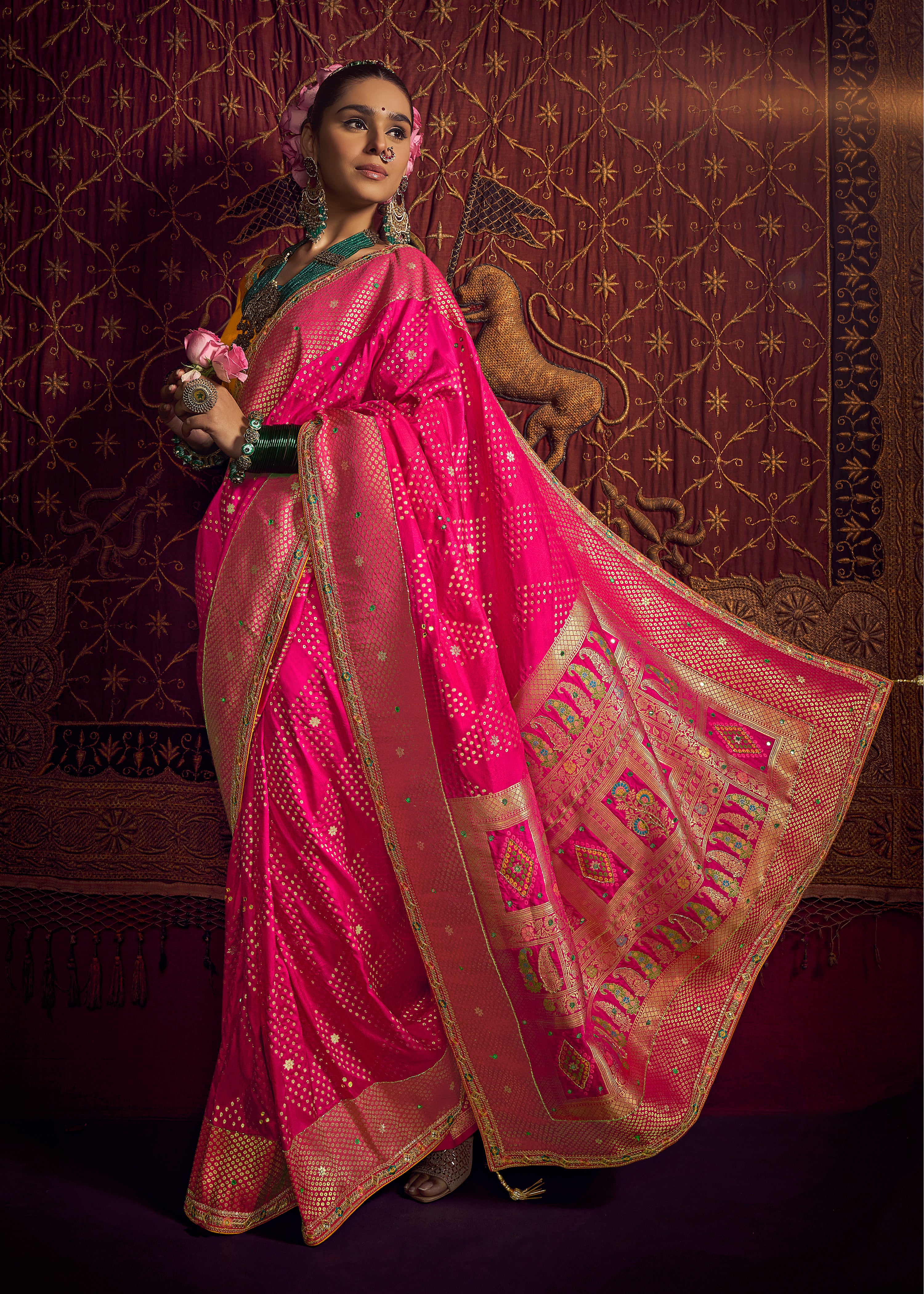 Rani Pink Viscose Dola Saree with Hand Work and Embroidered Blouse