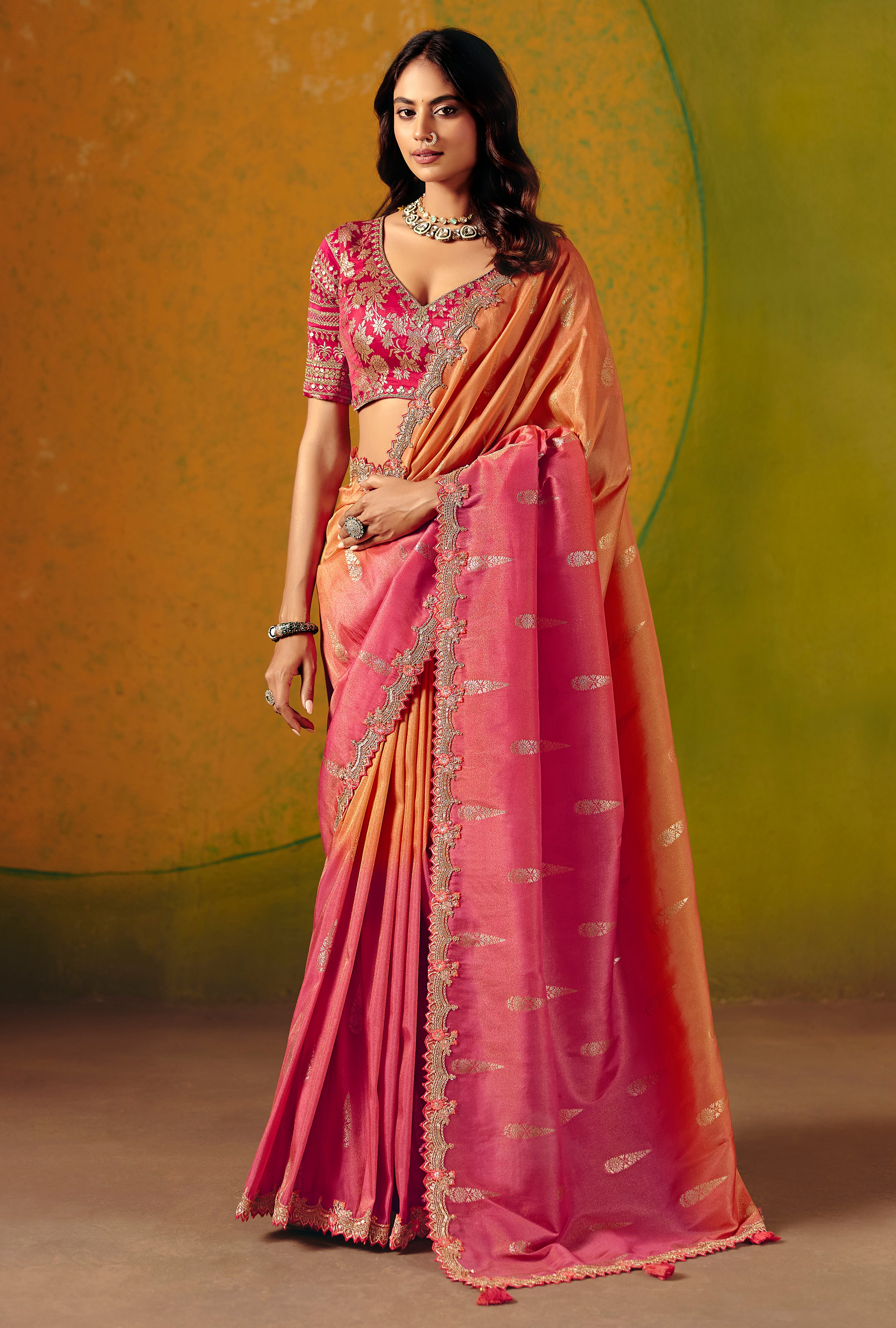 Rani Pink & Orange Saree With Zari Weaving With Fancy Work Border