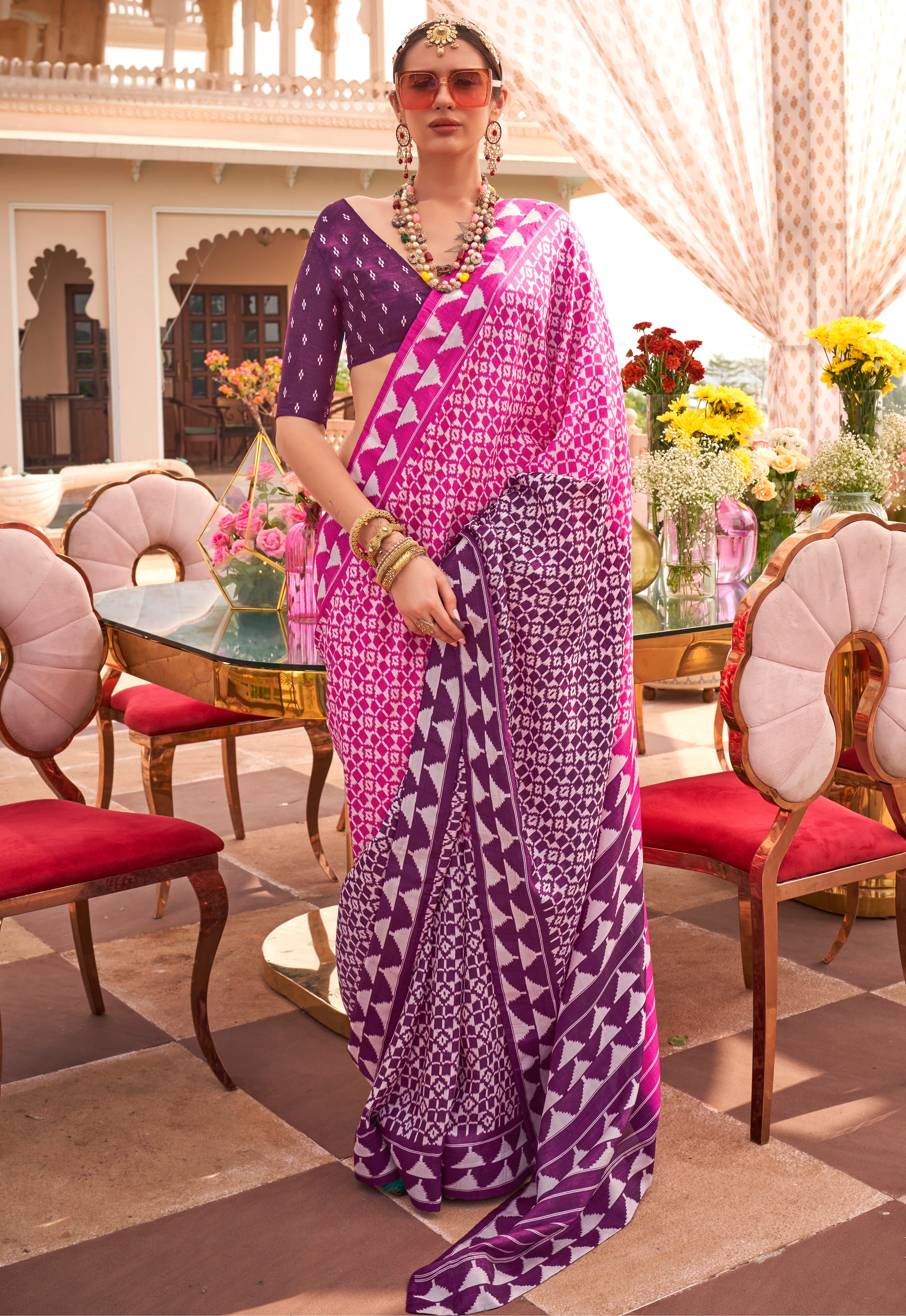 Rani Pink and Purple Silk Saree With Patola Print
