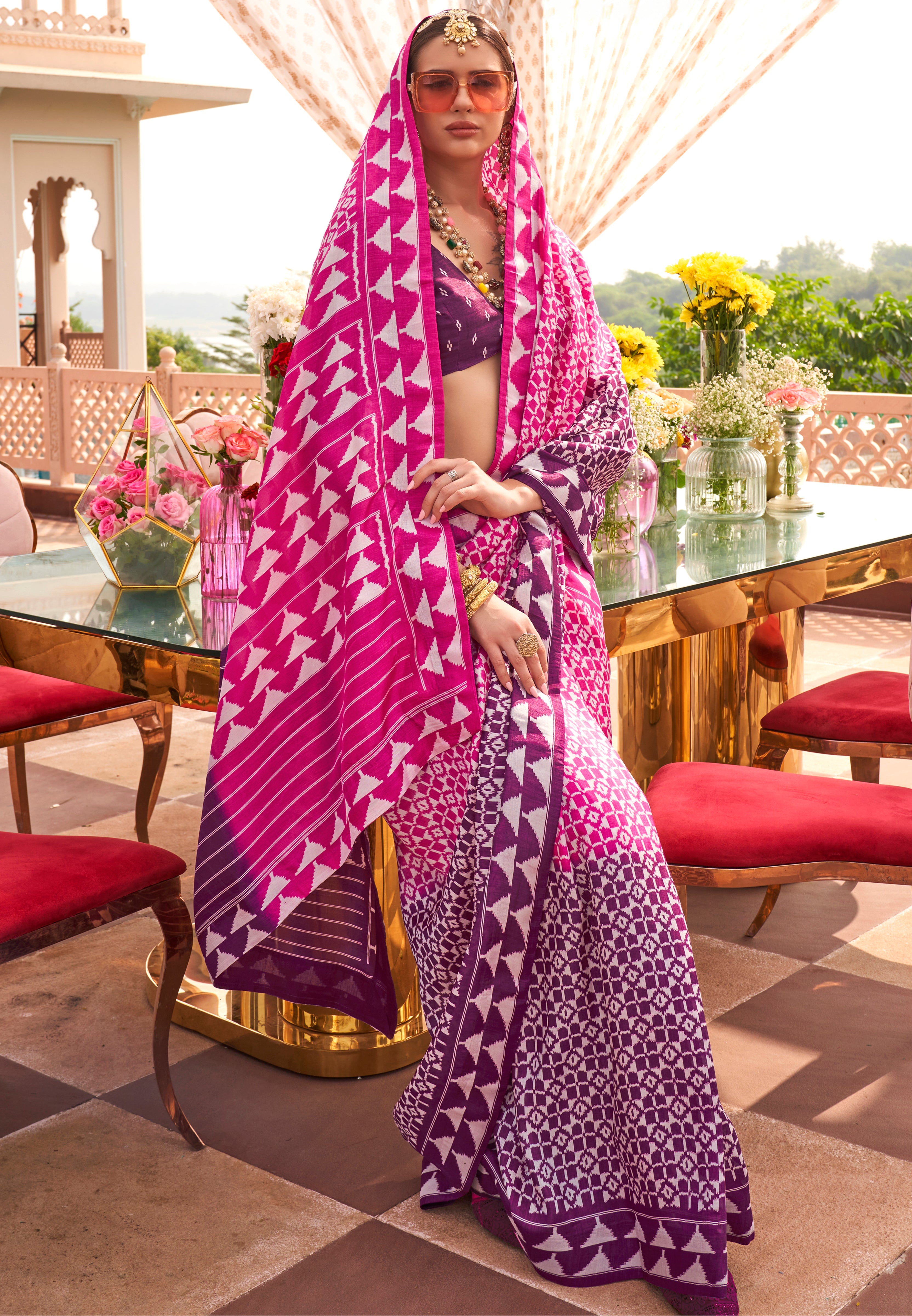 Rani Pink and Purple Silk Saree With Patola Print