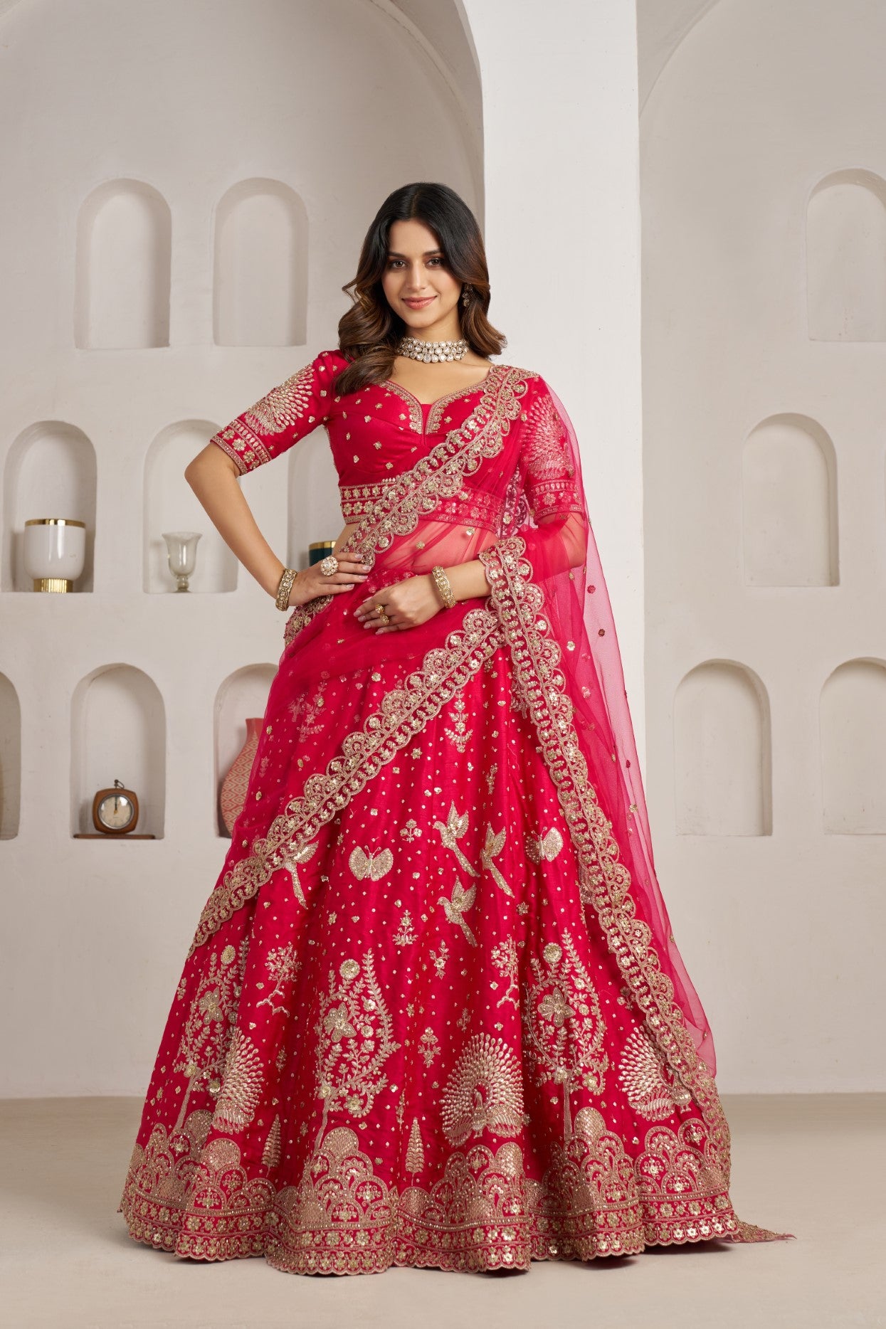 Rani Silk Royal Floral Embroidered Bridal Couture Lehenga