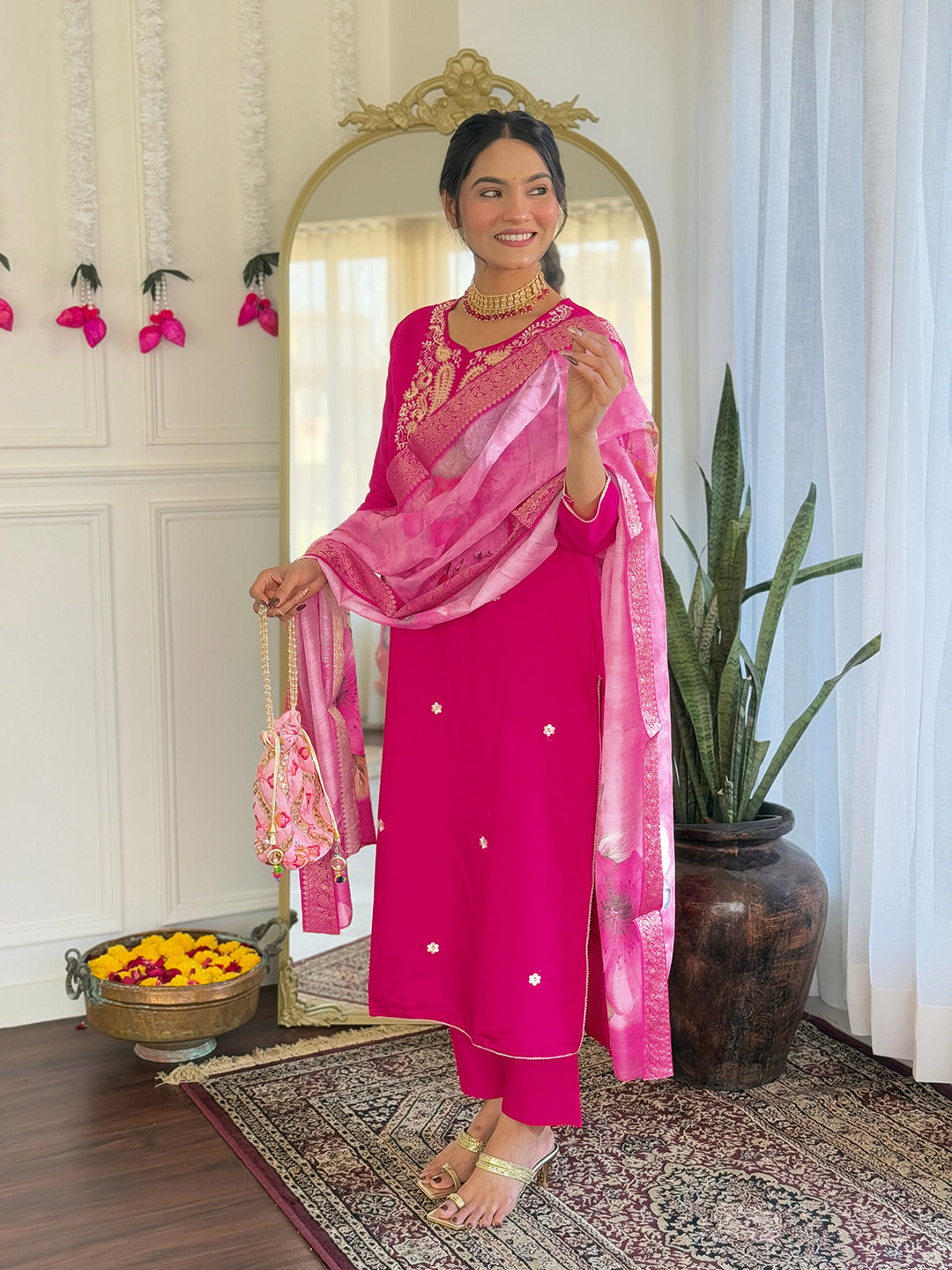 Rani Viscose Elegant Kurta Pant Set With Embroidery Work