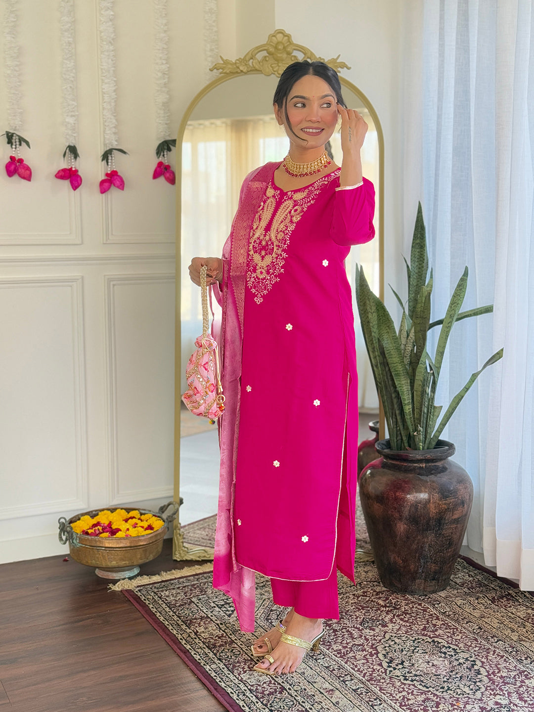 Rani Viscose Elegant Kurta Pant Set With Embroidery Work