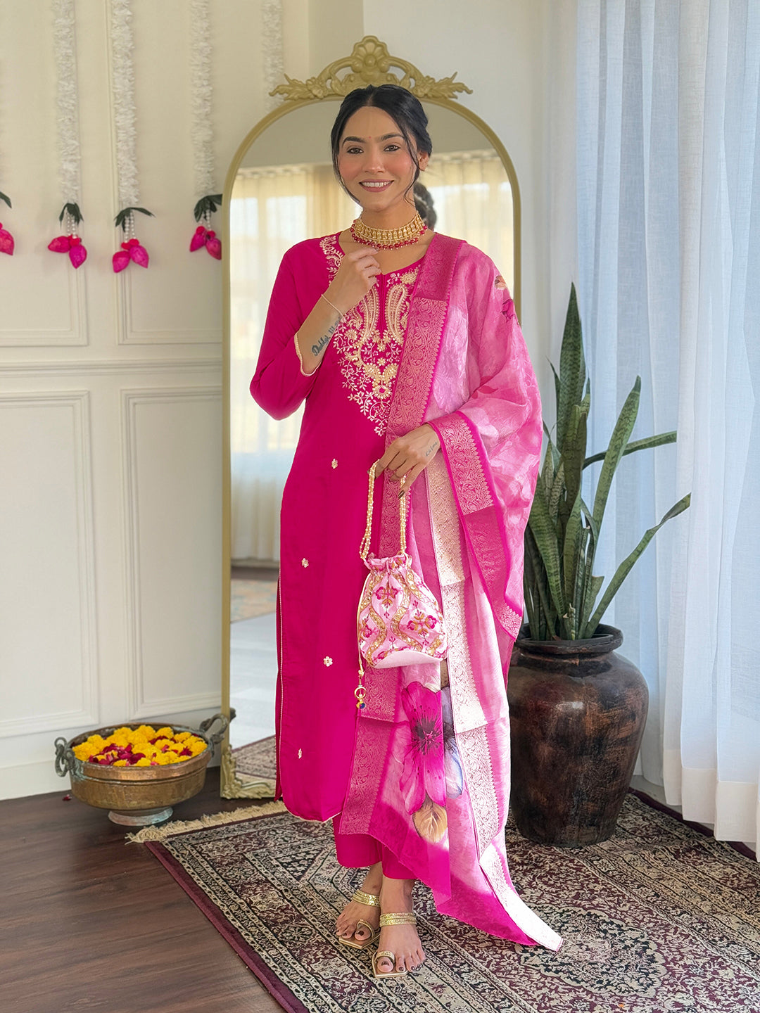 Rani Viscose Elegant Kurta Pant Set With Embroidery Work