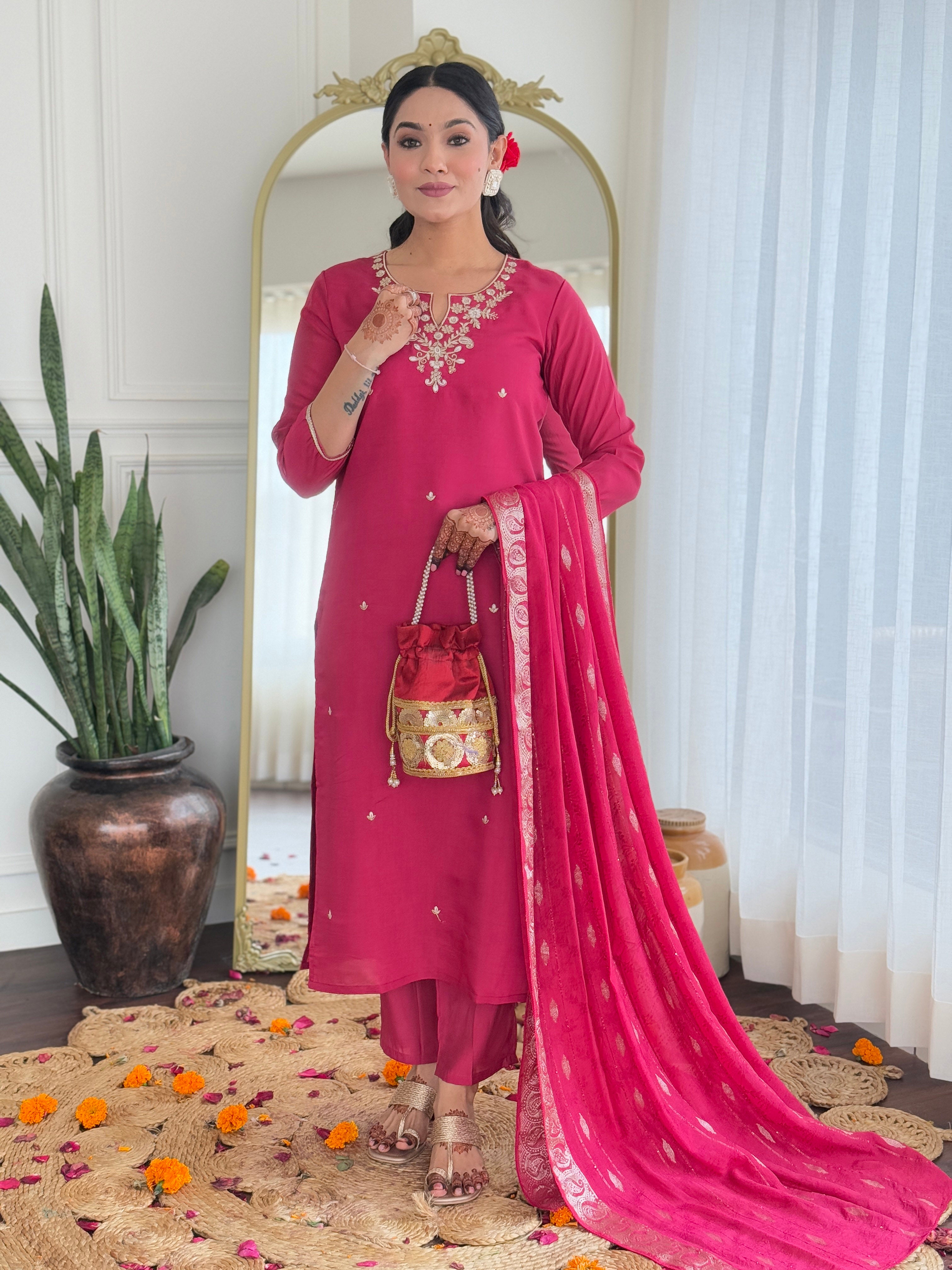 Rani Viscose Silk Elegant Kurta Pant Set With Embroidery Work
