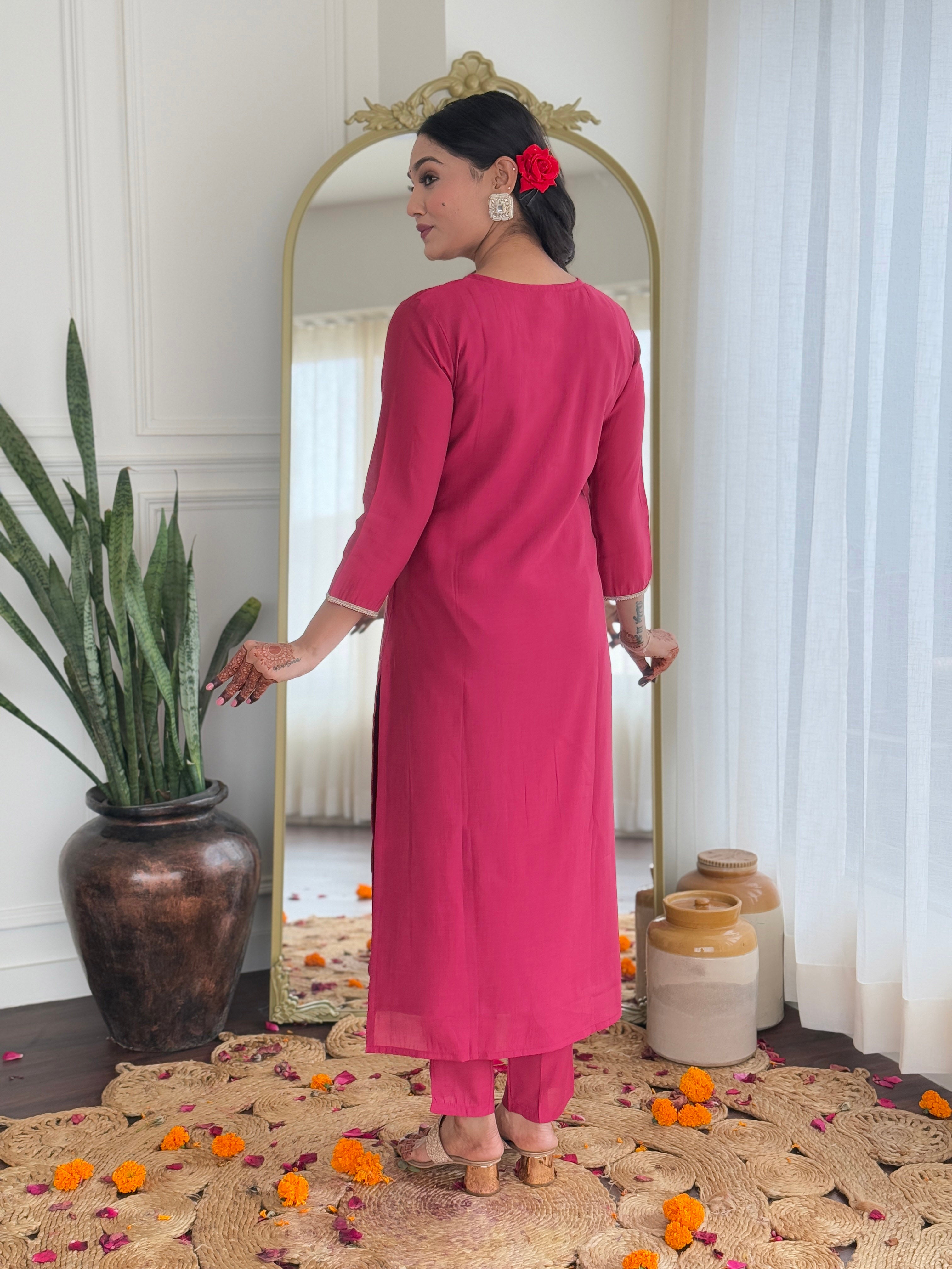 Rani Viscose Silk Elegant Kurta Pant Set With Embroidery Work