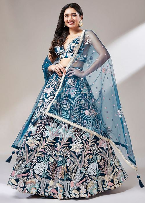 Ravishing Teal Blue Color Sequins Soft Net Party Wear Lehenga Choli