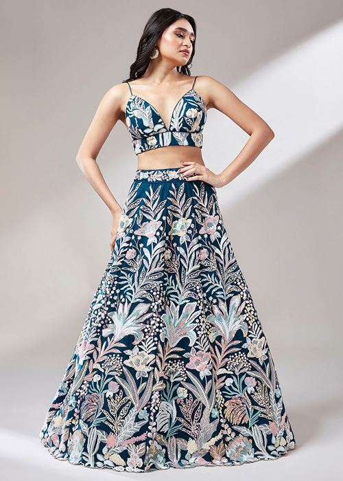 Ravishing Teal Blue Color Sequins Soft Net Party Wear Lehenga Choli