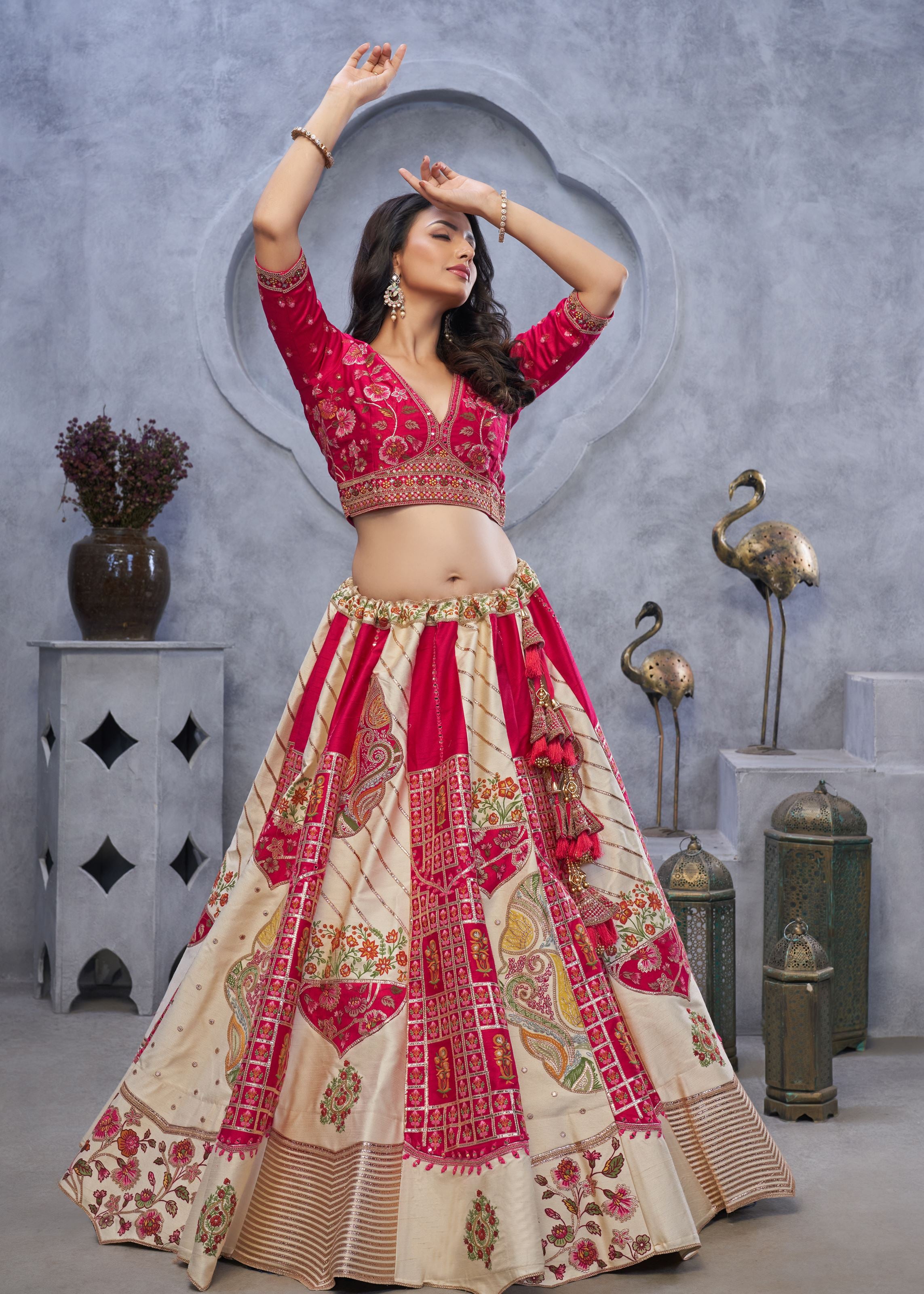 Red And White Raw Silk Lehenga Choli With Paisley Motifs And Sheer Pink Dupatta