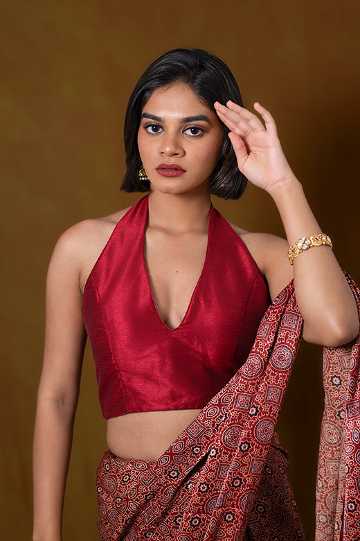 Red Backless Blouse in Art Silk with Halter Neckline and Plunging Neckline
