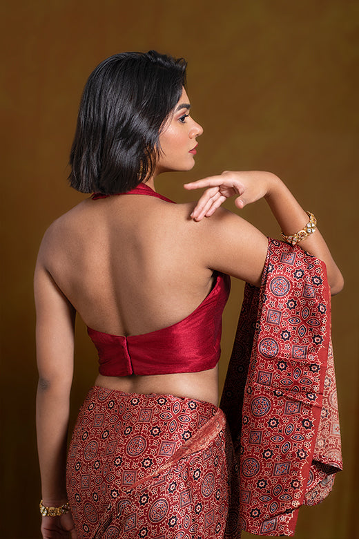 Red Backless Blouse in Art Silk with Halter Neckline and Plunging Neckline
