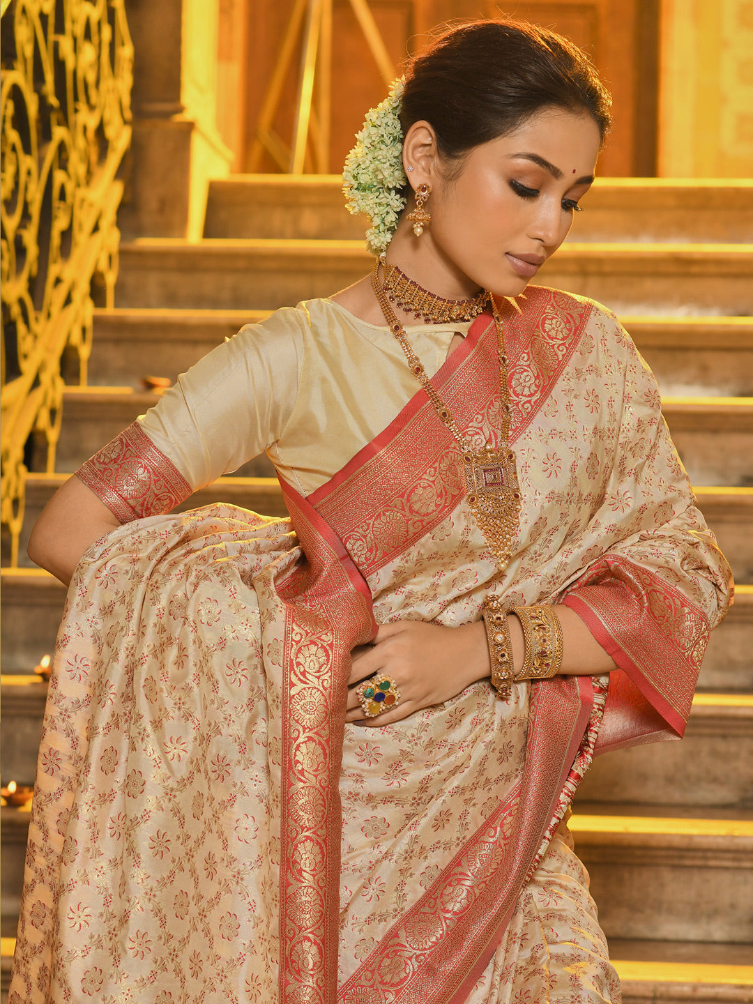 Red Banarasi Silk Saree With Woven Jacquard Designer Ceremonial Saree