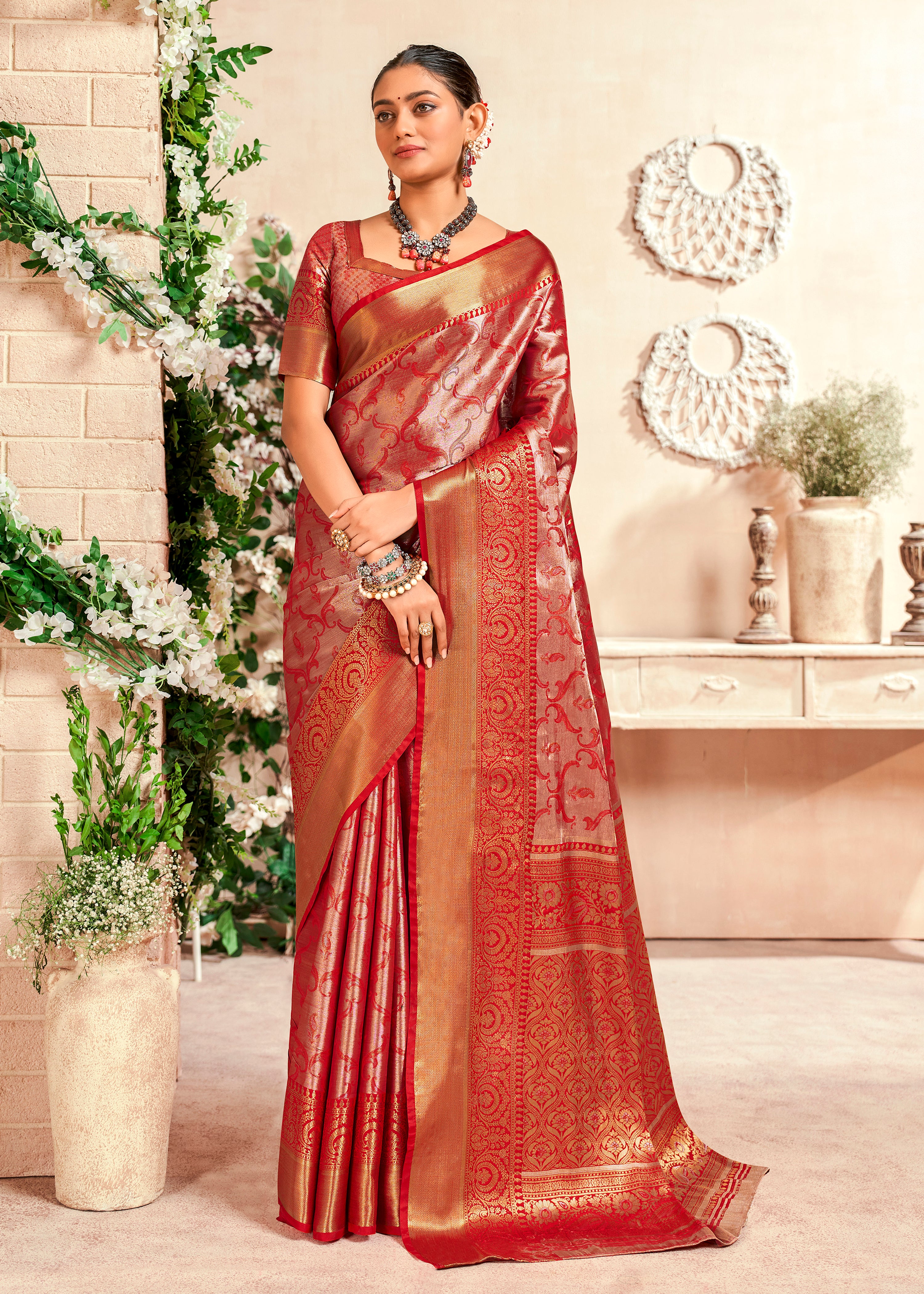Red Banarasi Silk Saree With Zari Jacquard Woven Work