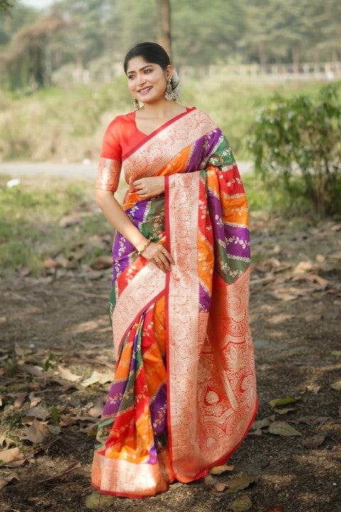Red Banarasi Silk Saree with Leriya Zari and Contrast Pallu