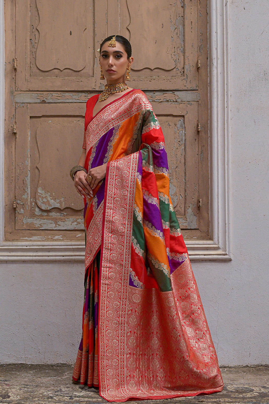 Red Banarasi Silk Saree with Leriya Zari and Contrast Pallu